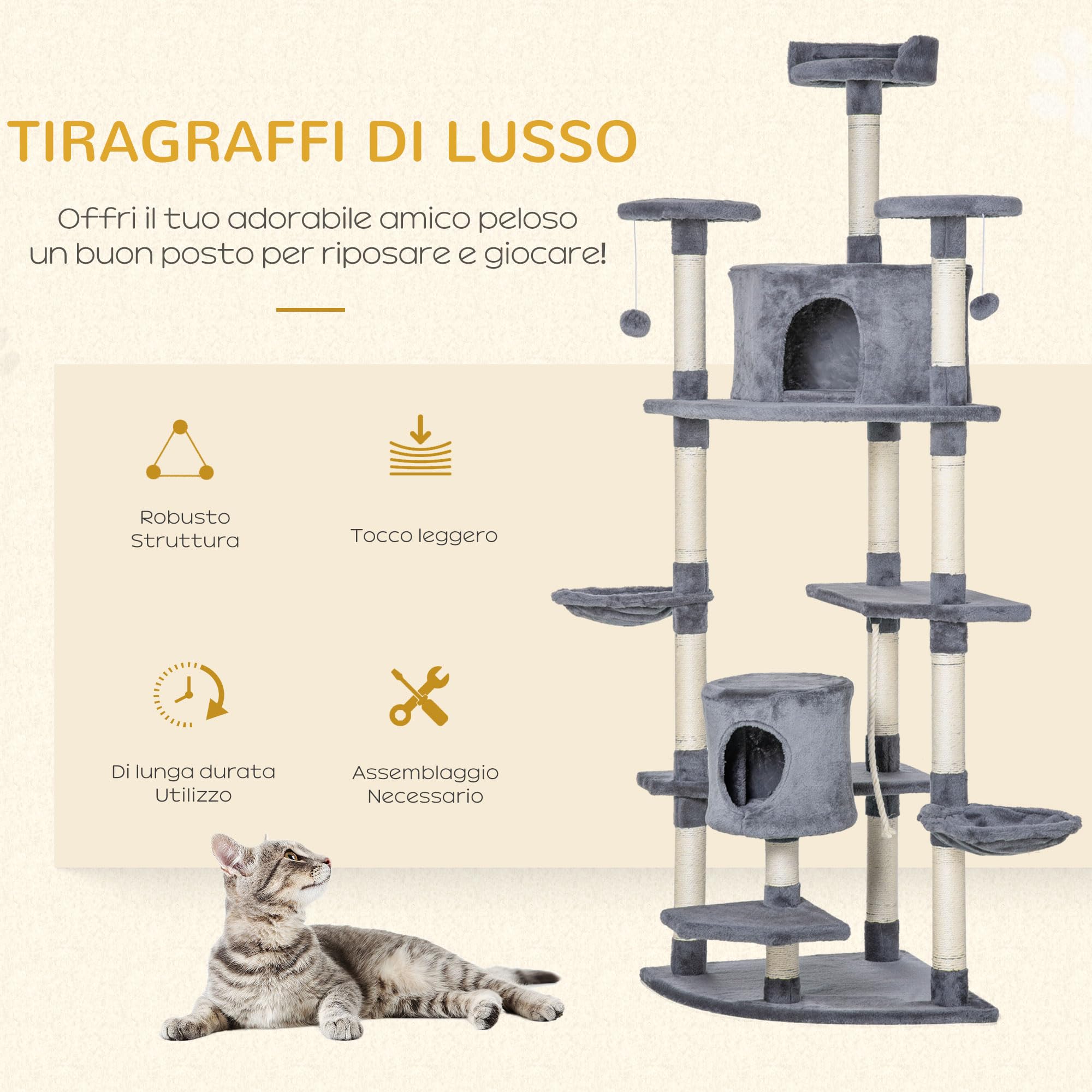 PawHut Albero Tiragraffi per Gatti Alto 200cm 60x60x200cm Grigio Chiaro
