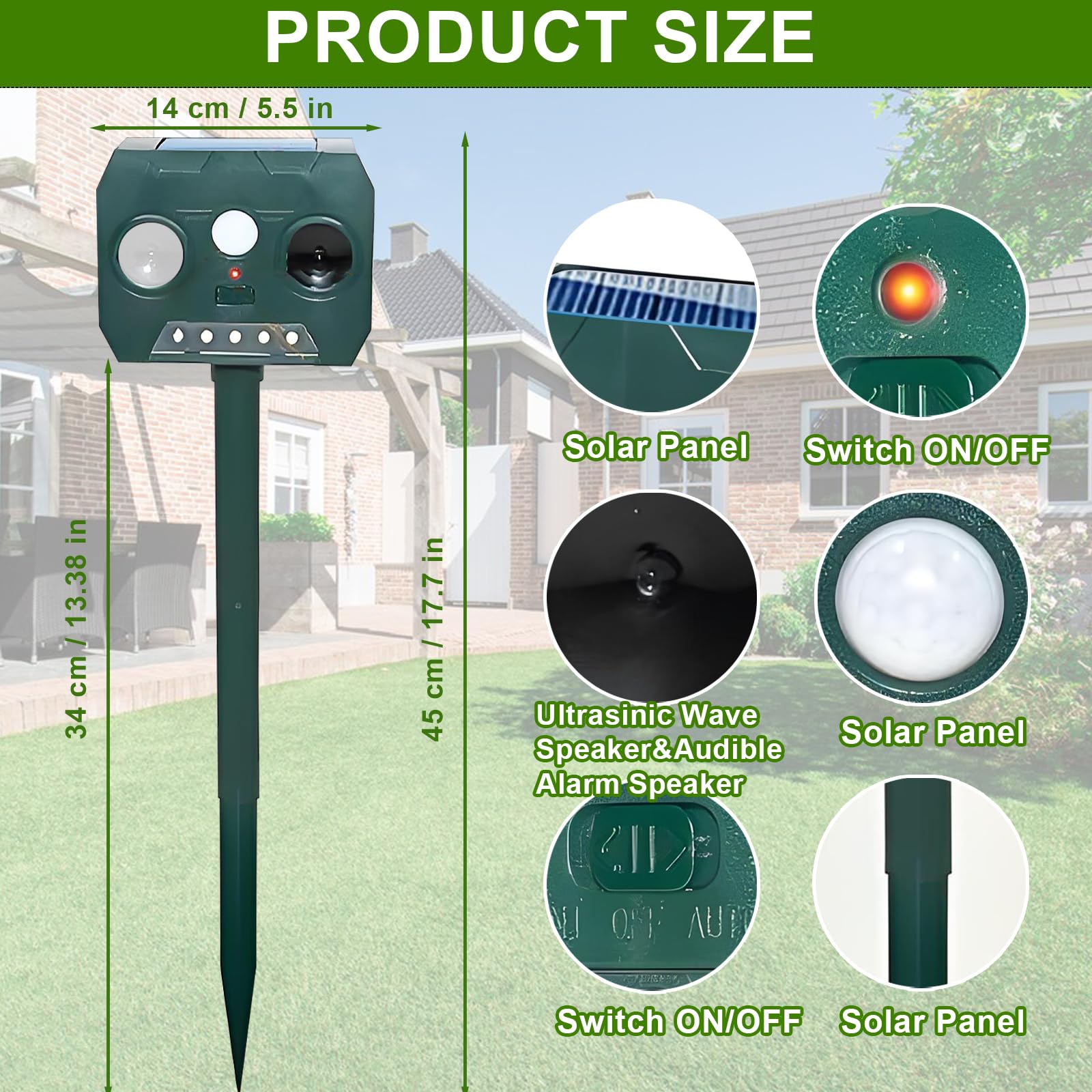Répulsif Chat Ultrason pour Jardin Solaire Répulsif pour Animaux Etanche avec Lumière LED Repousse Les Renards，Oiseaux，Cerfs，Pigeons，Ratons Laveurs，Taupes et Les Blaireaux. (A)