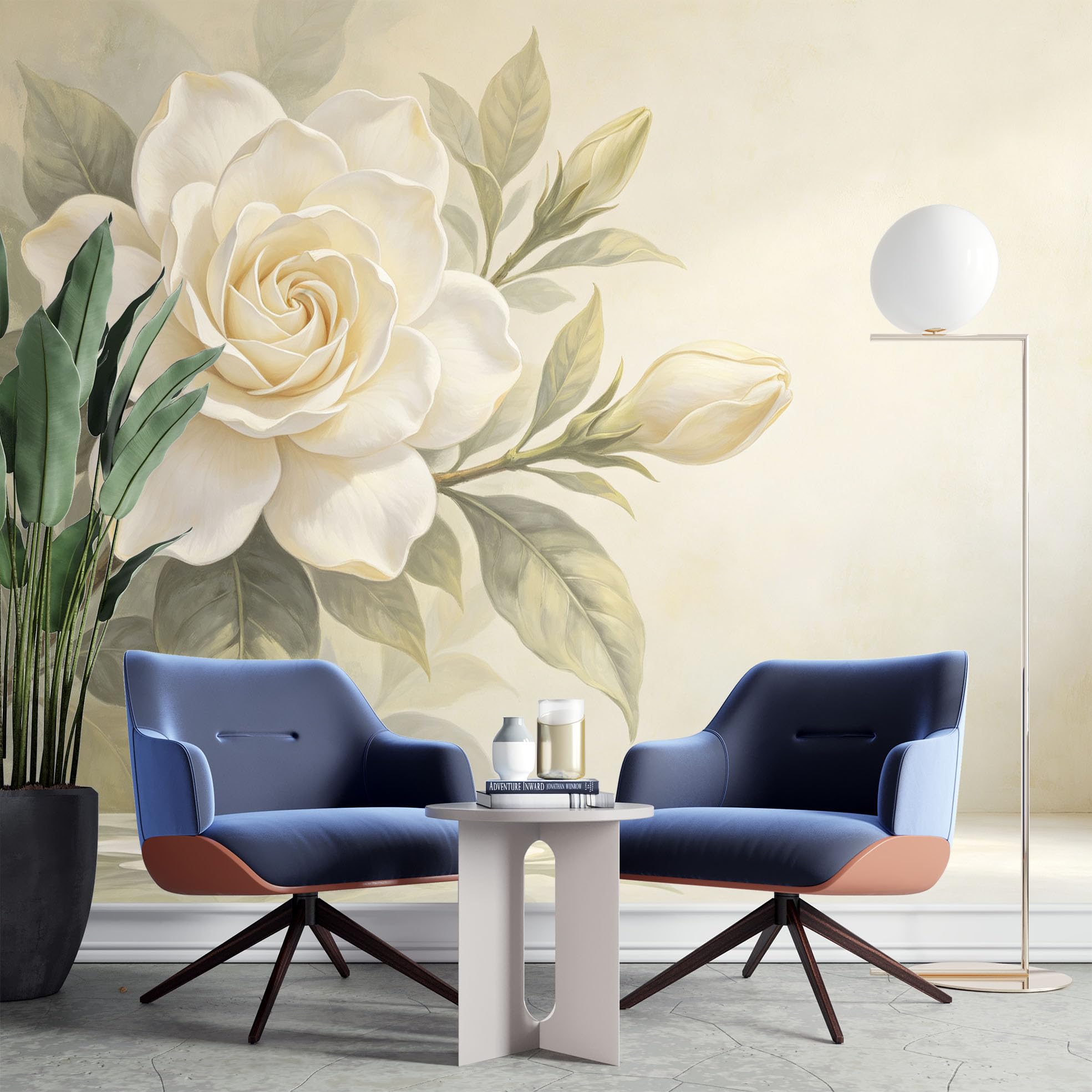 Papier Peint Fresque Murale Panoramique Intissé À Motif Floral Gardénia Blanc Grand Format 210 x 150 cm Style Peinture À L'Huile Décoration Murale Moderne pour Salon Ou Chambre.
