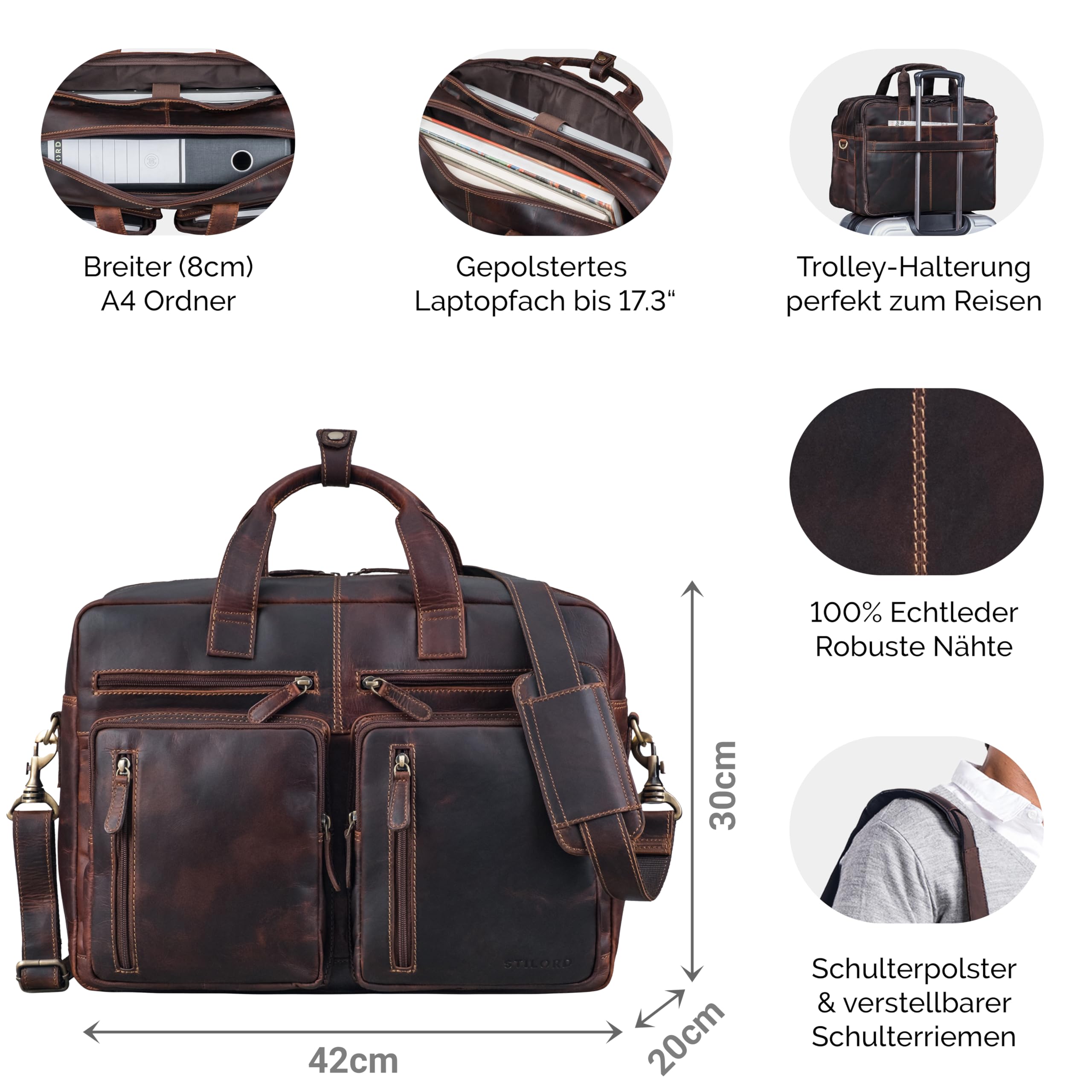 STILORD "Goliatus XXL Aktentasche Leder Herren & Damen Laptoptasche 17+ Zoll Sehr Große Umhängetasche Arbeitstasche Männer und Frauen Bürotasche Echtleder Farbe:cognac - braun