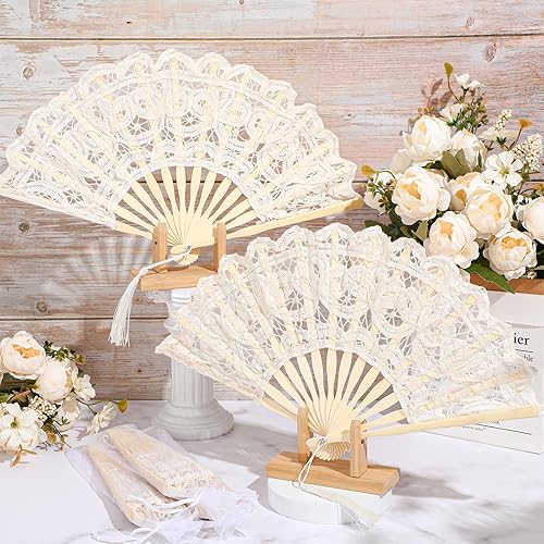 Miniatura 3 de 12 abanicos de mano plegables de encaje para bodas, abanicos de mano bordados de algodón con varillas de bambú y borlas de seda, vintage, retro,