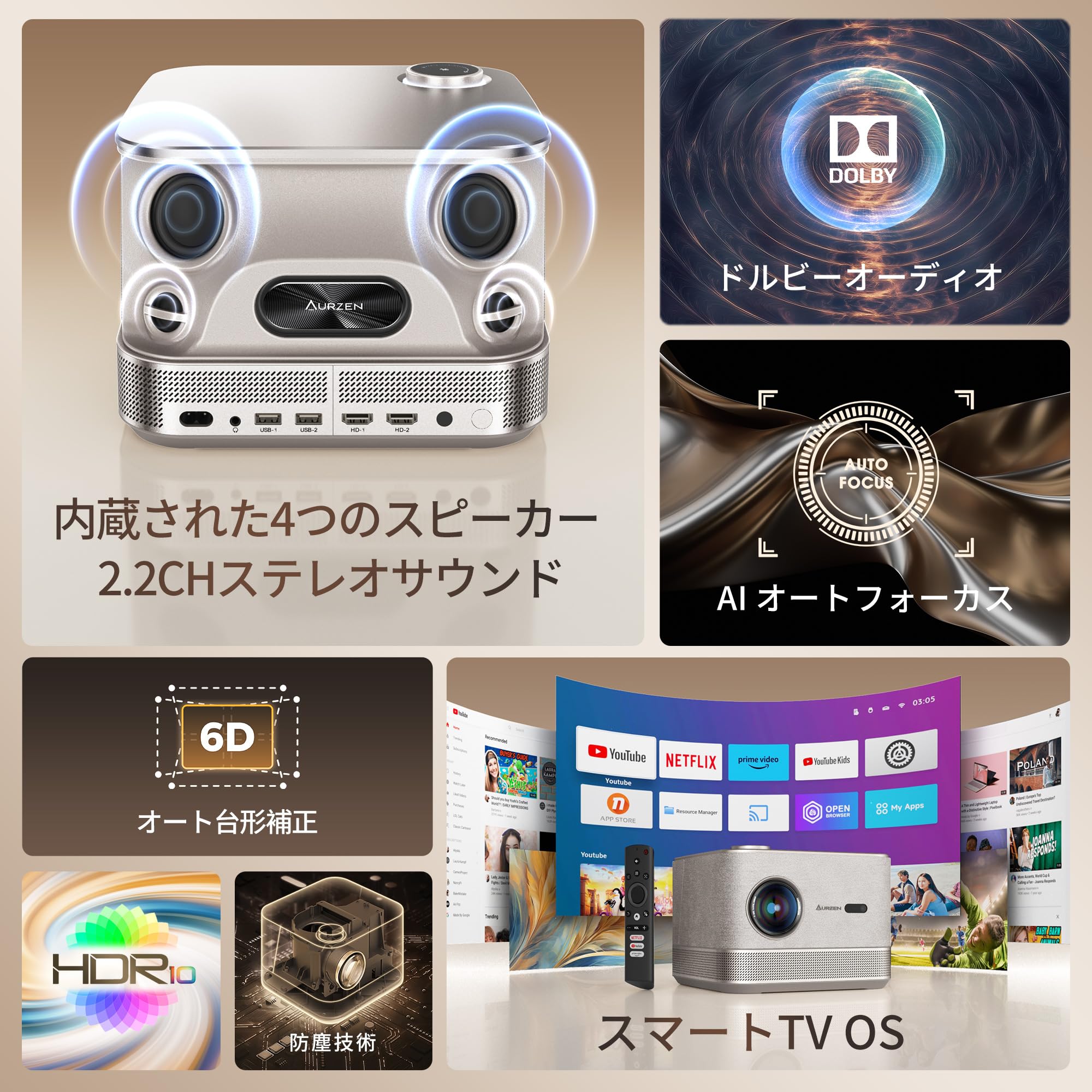 Aurzen BOOM3 プロジェクター 家庭用 4K対応 500ANSI Netflix対応