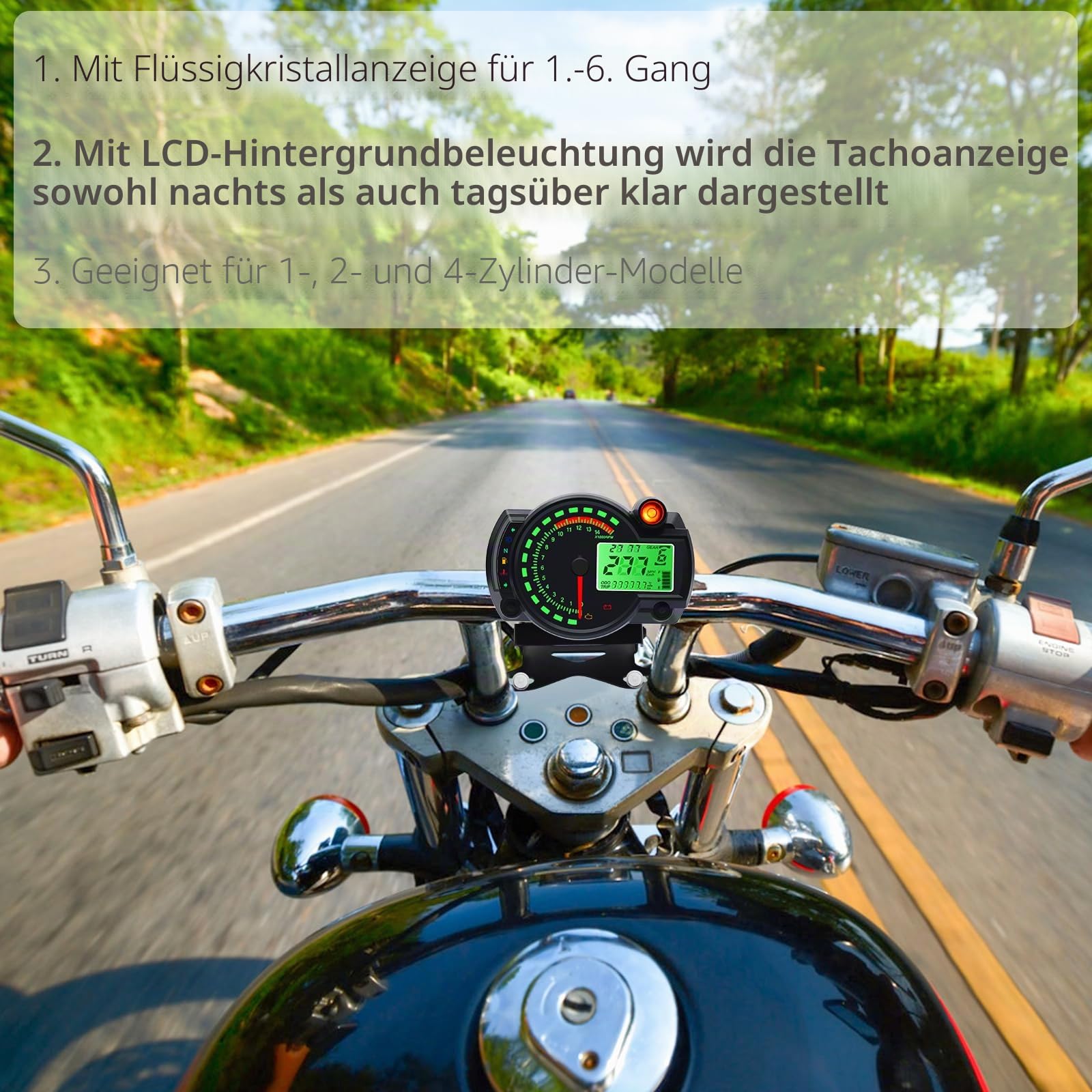 Geloo 14000RPM Motorrad Tachometer LCD Digital Motorrad RX2N Kilometerzähler Instrument einstellbar, Kilometerzähler Tachometer mit Geschwindigkeitssensor 0-299 KM/H 7Farben Hintergrundbeleuchtung