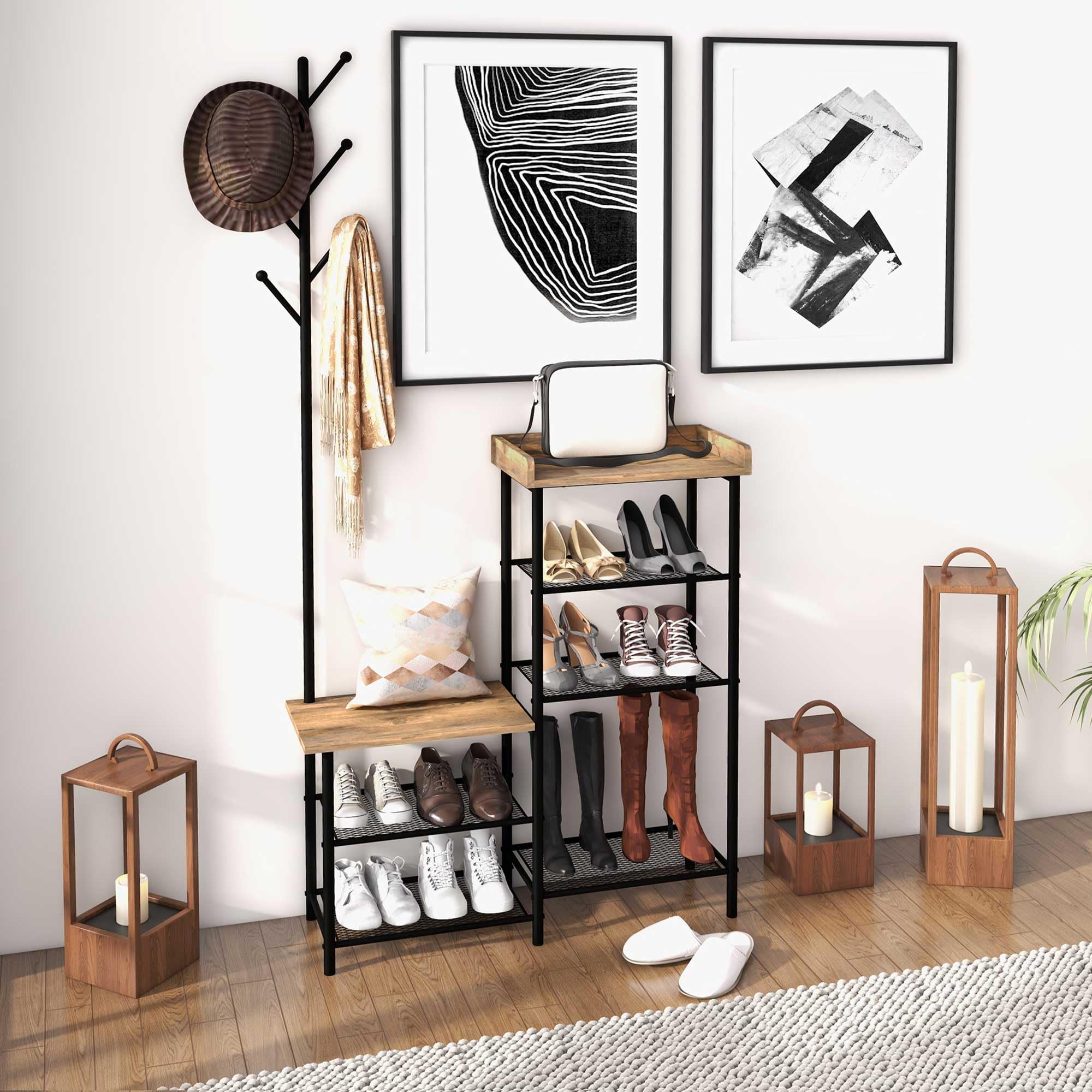 HOMCOM Meuble d'entrée vestiaire entrée 2 en 1 Design Industriel Porte-Manteaux et étagères à Chaussures en Acier - 92,5 x 28,2 x 182 cm Noir