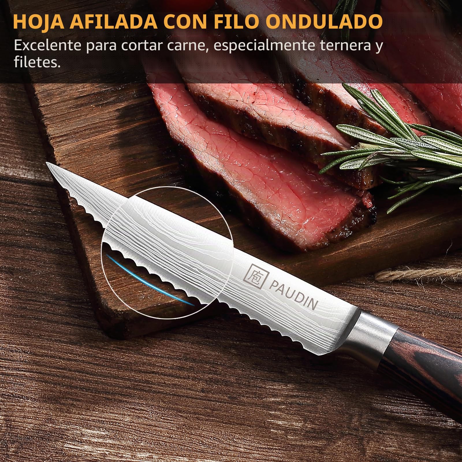 PAUDIN Juego de 6 cuchillos de carne, cuchillos de carne de acero inoxidable alemán, hoja dentada ultra afilada y mango ergonómico de madera, cuchillos de mesa con estuche de regalo