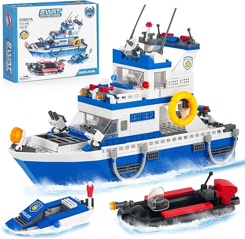 Vziimo Juego de bloques de construcción de botes de rescate de patrulla de policía de la ciudad, barco de guardia costera genial con juguetes de