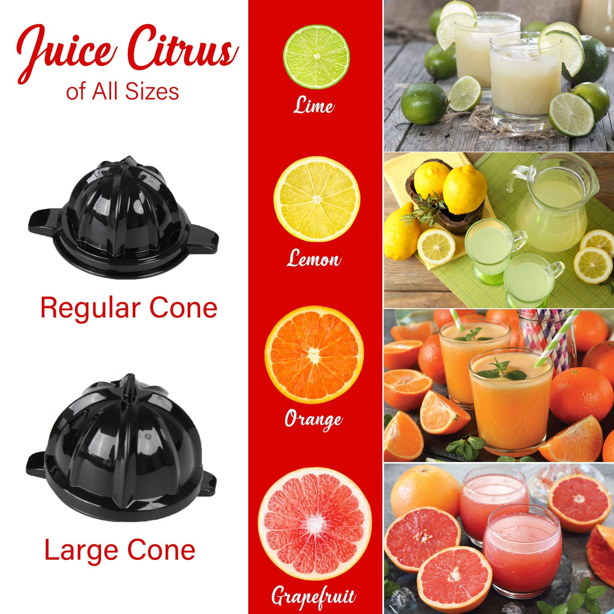 Exprimidor eléctrico de cítricos, potente exprimidor de naranja, limón, lima y pomelo con palanca ergonómica, 2 conos, piezas aptas para lavavajillas