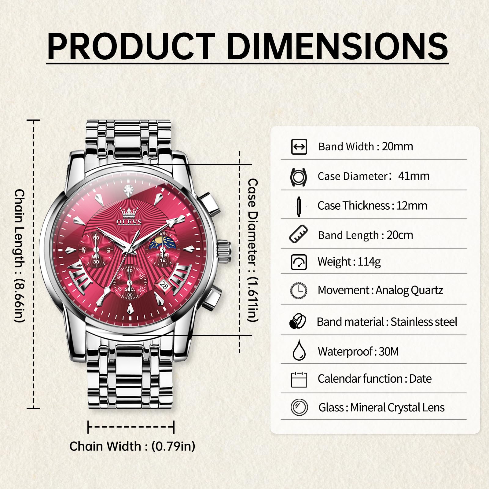 OLEVS Watches for Men Dress Watch Chronograph Luxury Stainless Steel Big Face Men Watches Multi-Function Easy to Read Diamond Roman Numerals Business Wristwatch Reloj para Hombre