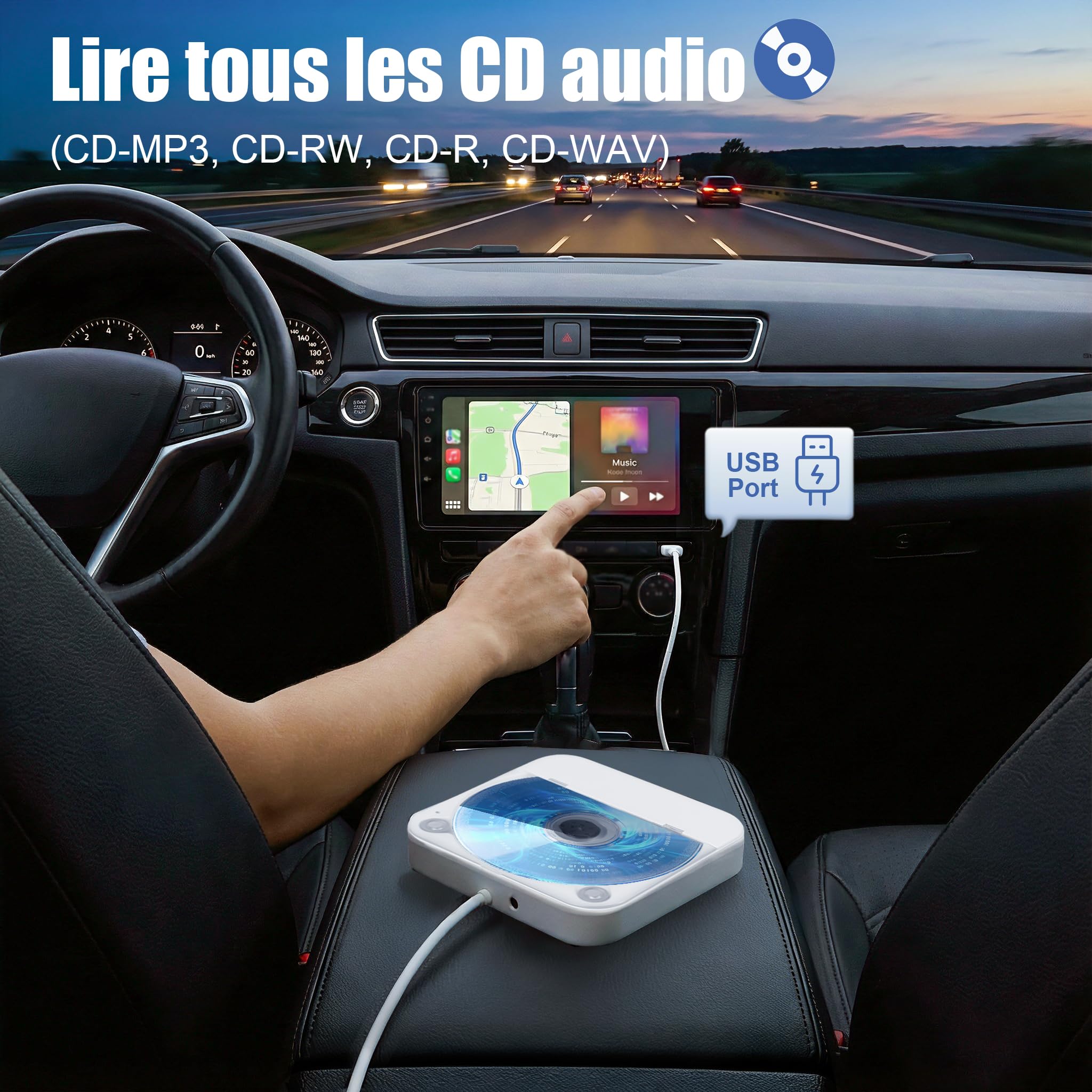 Lecteur CD pour Voiture avec Protection Antichoc en Silicone – Lecteur CD Portable Externe avec USB Rallonge CD Player Voiture pour PC TV Haut-parleurs Externes