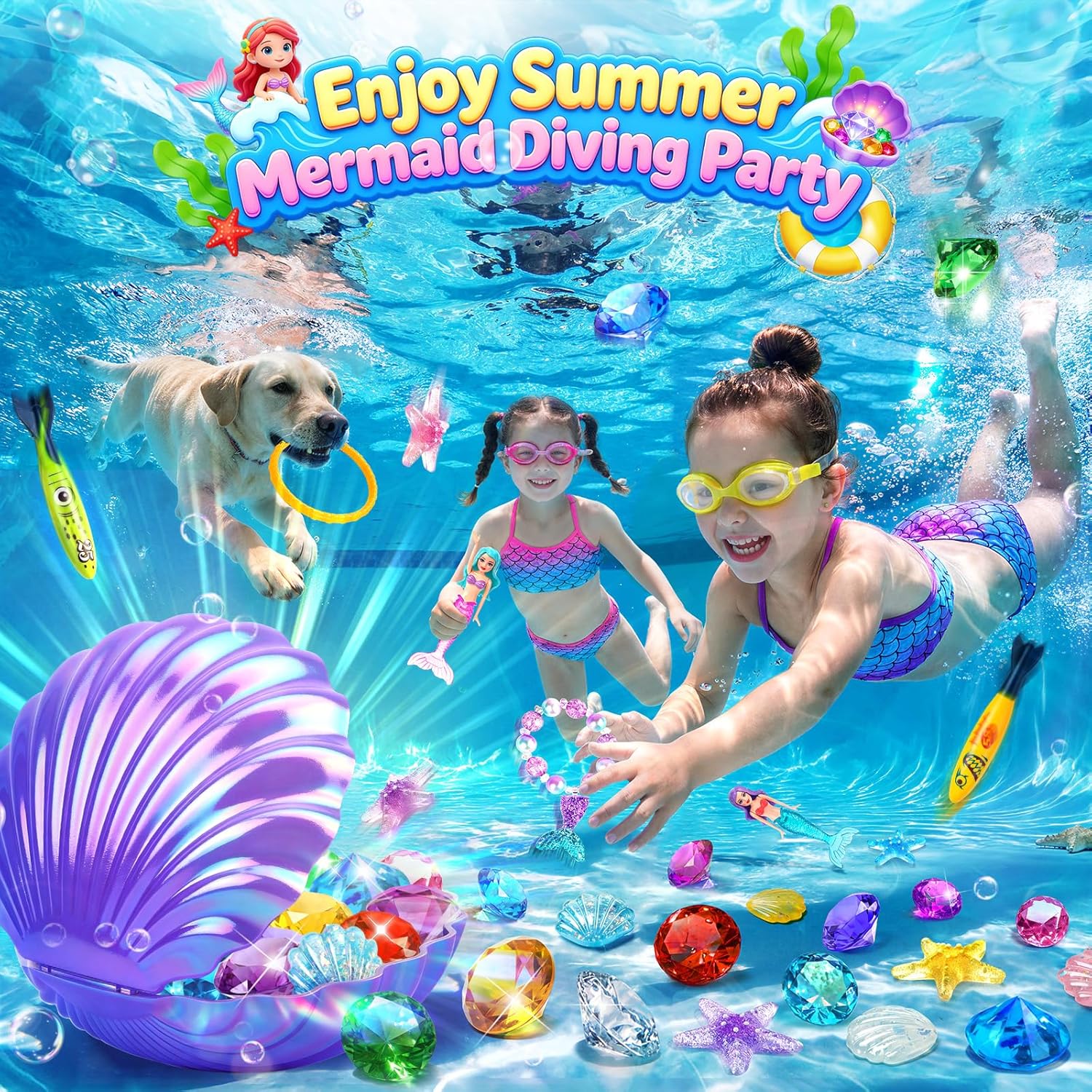 Jeowoqao Diving Pool Toys for Kids Diving Gem Treasure Chest, 29Pcs Seek Treasure Underwater Set Shark Dive,Diving Rings Summer Swimming Pool Party Sinking Toy for Kids 3-10 Multiple Competition Toys