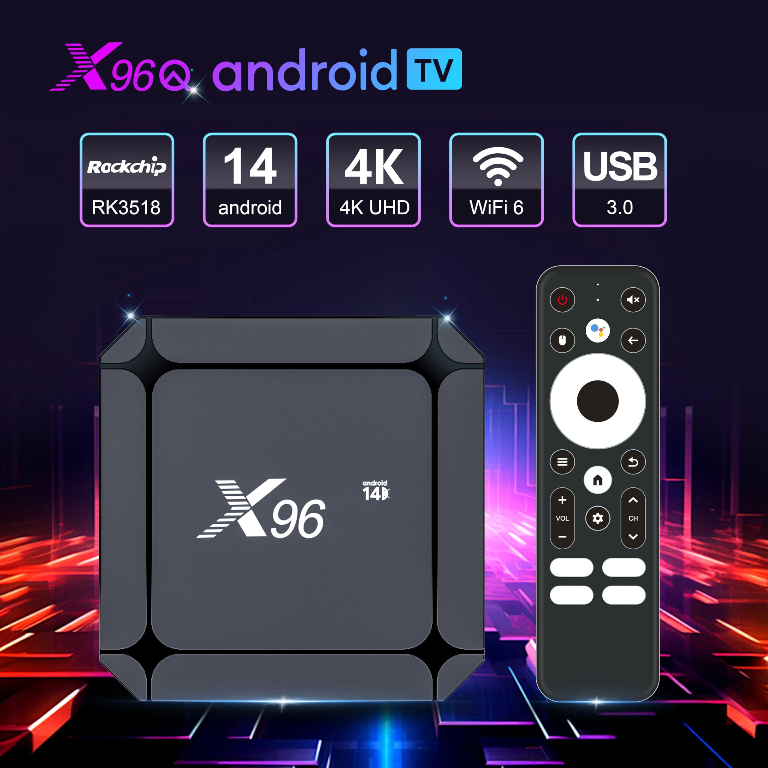Android 14.0 TV Box, Boîtier TV 2GB RAM 16GB ROM RK3518 Quad-Core Cortex-A53, Android Box Support 2.4/5.0GHz 4K 100M Ethernet HD USB 3.0/2.0 TV Box