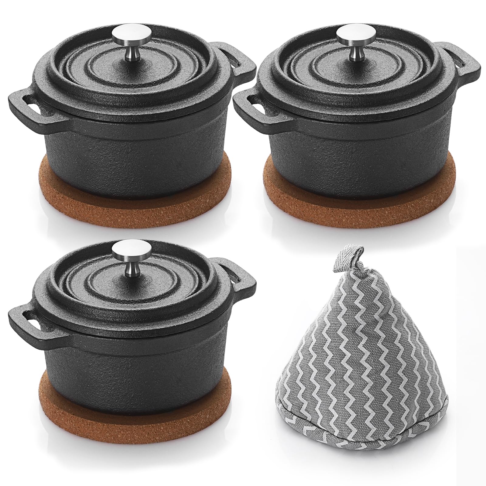 SUMNACON Lot de 3 mini cocottes rondes en fonte de 236,8 g avec couvercle et tapis en liège pour fête de famille, pique-nique