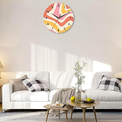 Miniatura 6 de SPUNKER Reloj para dormitorio, reloj de pared de olas coloridas que funciona con pilas, 10 pulgadas, reloj redondo retro de los años 70, silencioso,