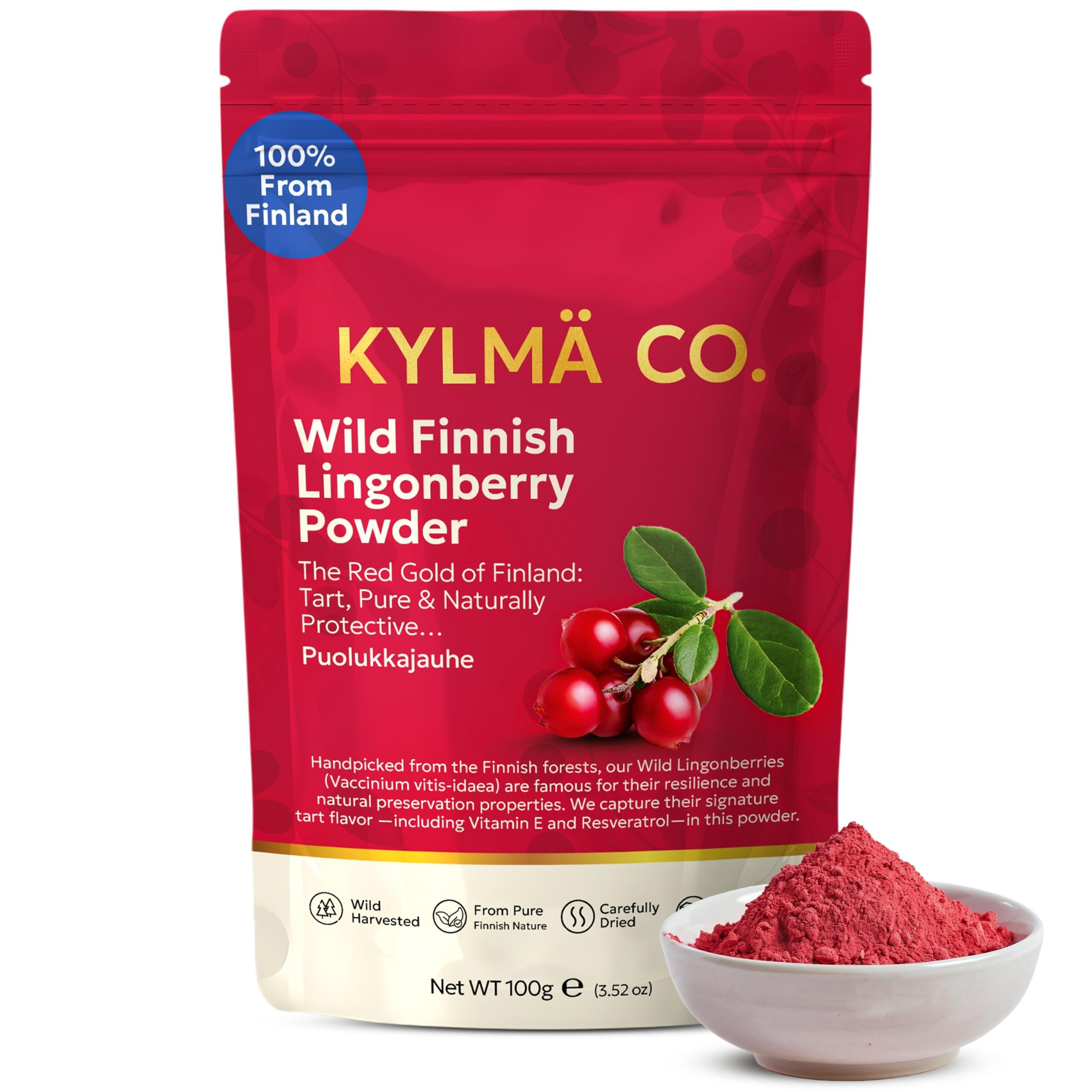 Kylmä Co. Proszek Z Dzikiej Borówki Brusznicy 3 x 100 G Zestaw Oszczędny | 100% Dzika Brusznica (Vaccinium vitis-idaea) Z Finlandii | Suszony Powietrzem | 1 Składnik | Wegański | Bezglutenowy