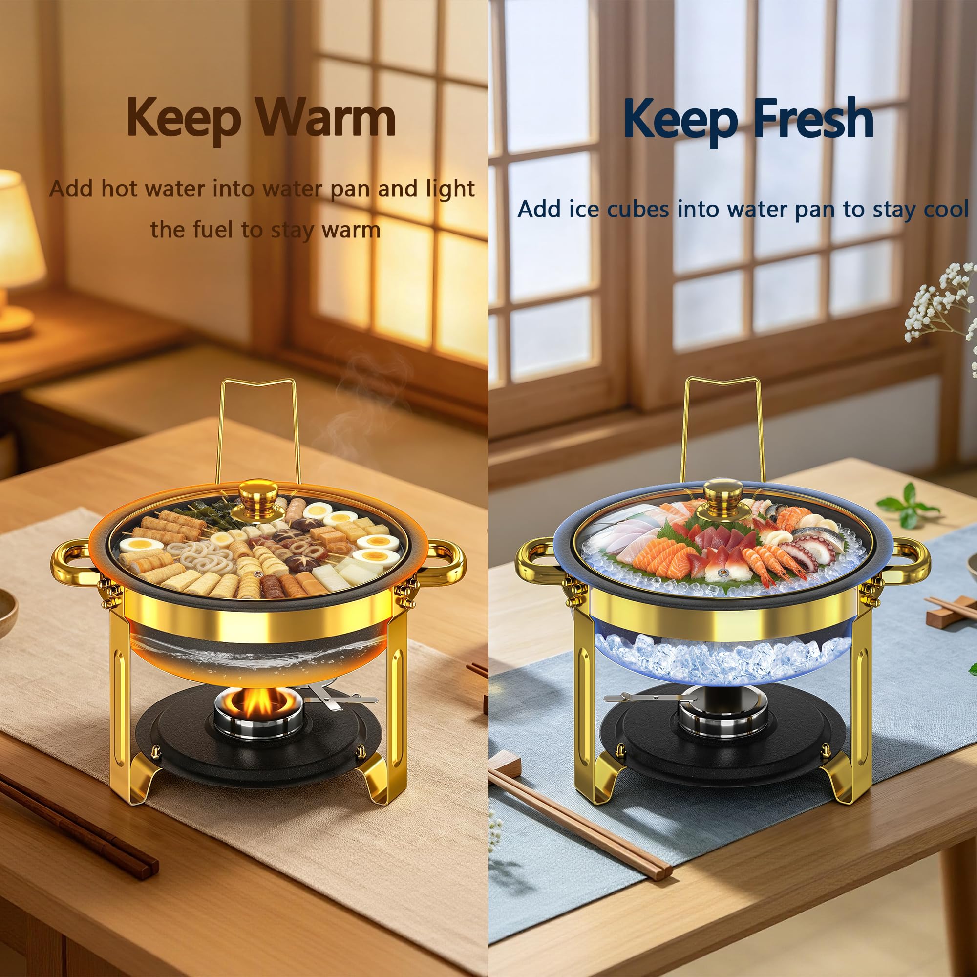 Juego de 2 recipientes para buffet de platos negros con revestimiento de maifanita, redondos, con tapa transparente, acero inoxidable dorado, para fiestas y eventos de catering