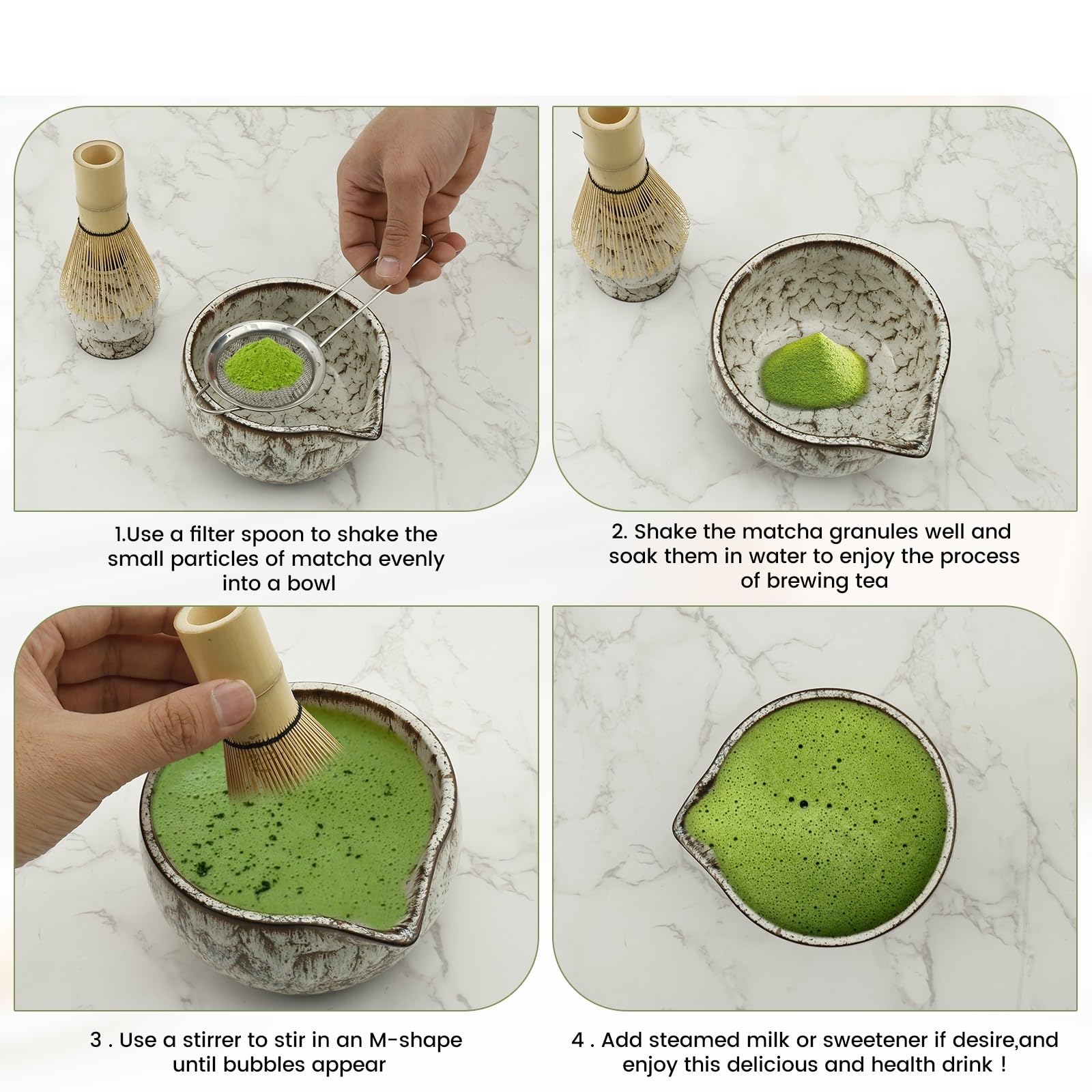 Juego de 6 batidores matcha. Incluye soporte for batidor, cuenco cerámica, colador acero inoxidable, cuchara for té, madera Te matcha kit(White)