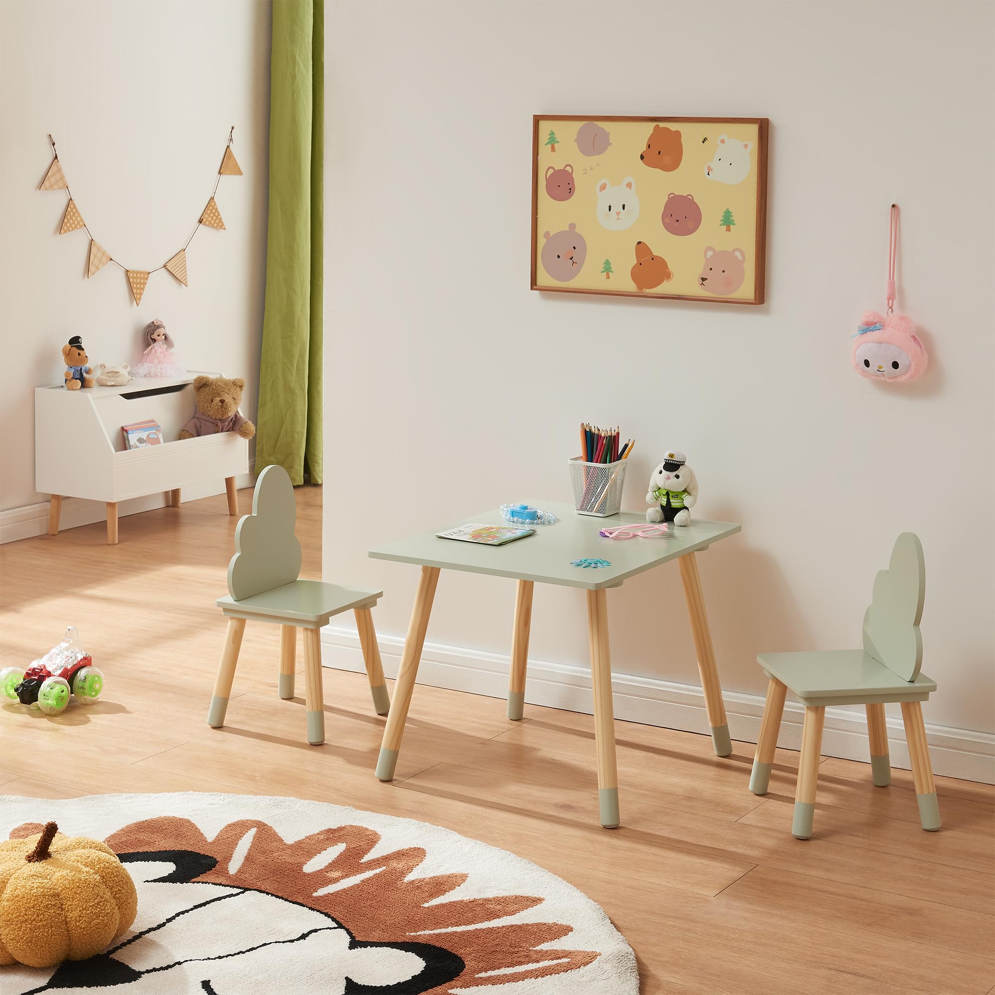 [en.casa] Set di 3 Mobili per Bambini Tavolino e 2 Sedie con Schienale a Forma di Nuvola per Cameretta Area Gioco Tavolo Rettangolare a Misura di Bimbi - Verde Menta/Naturale