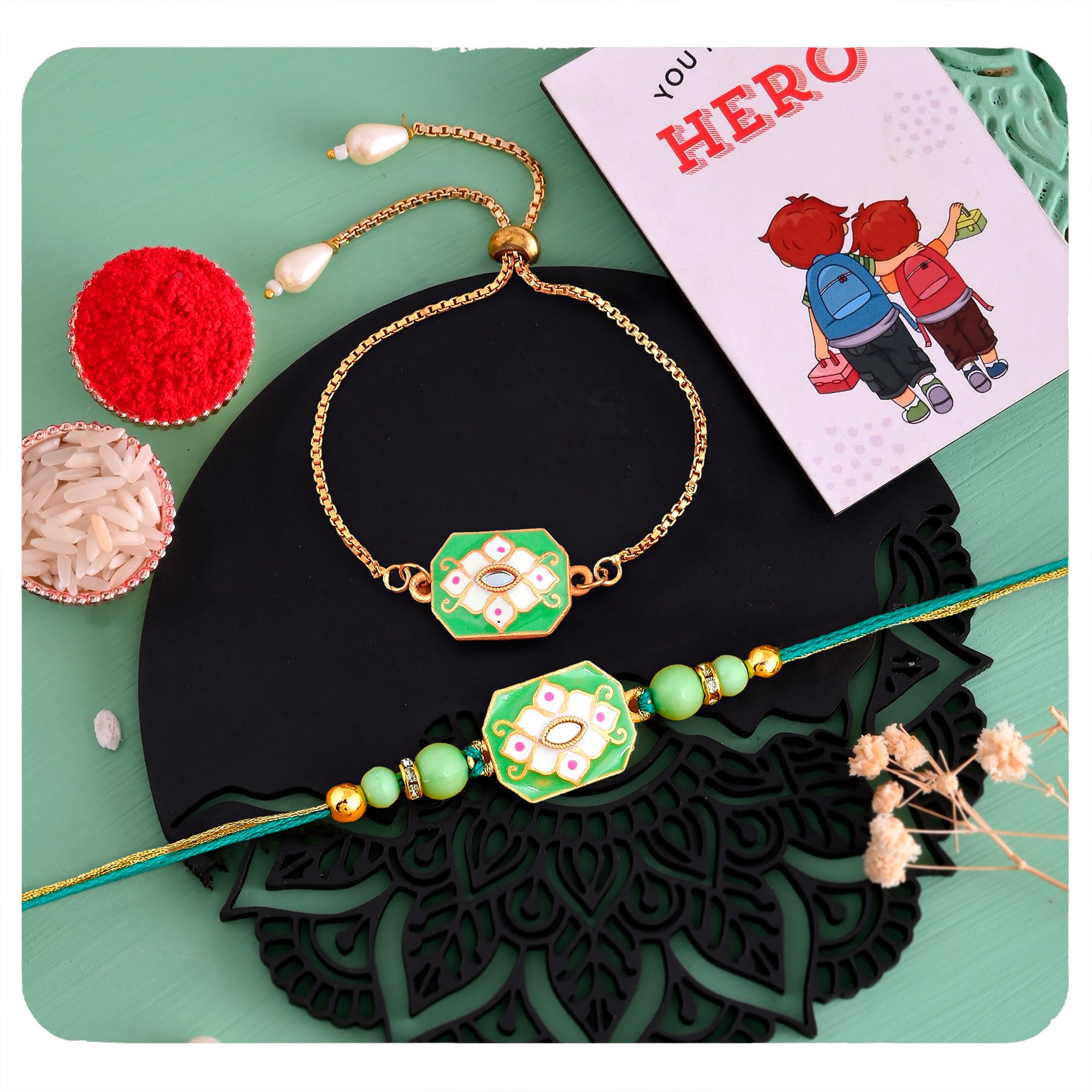 ascension Couple Rakhi for Bhaiya Bhabhi Rakhi for Raksha Bandhan Bhai Bhabhi Set Couple Floral Bracelet with You are My Hero Fridge Magnet & Roli Tilak