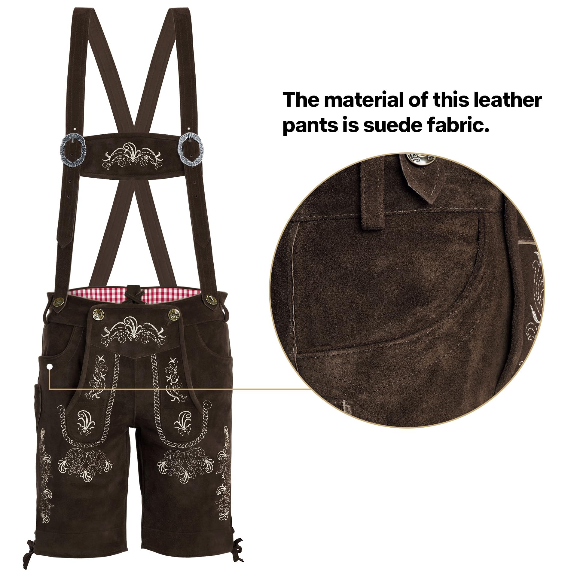 KOSMEEU Lederhose Herren Tracht Kurz Trachtenhose Trachtenlederhosen Lederhose Oktoberfest Mann Braun Dunkelbraun bayrische Trachten Hose Trachtenmode Hosenträger mit Kunst-Wildleder