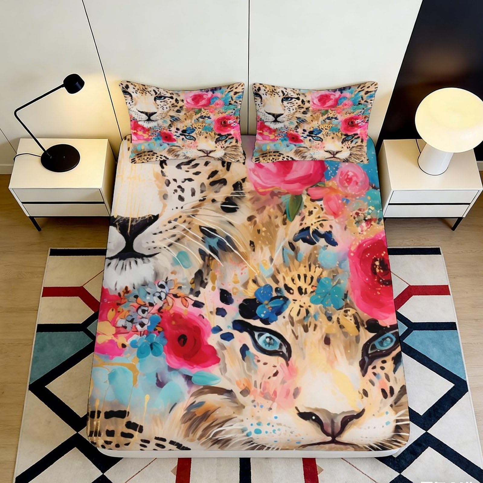3D Printed Leopard Floral Fitted Sheet Microfiber Non-Slip Deep Pocket Leopard Floral Mattress Fitted Cover for Bedroom Bedding All Ages 140x200x25cm