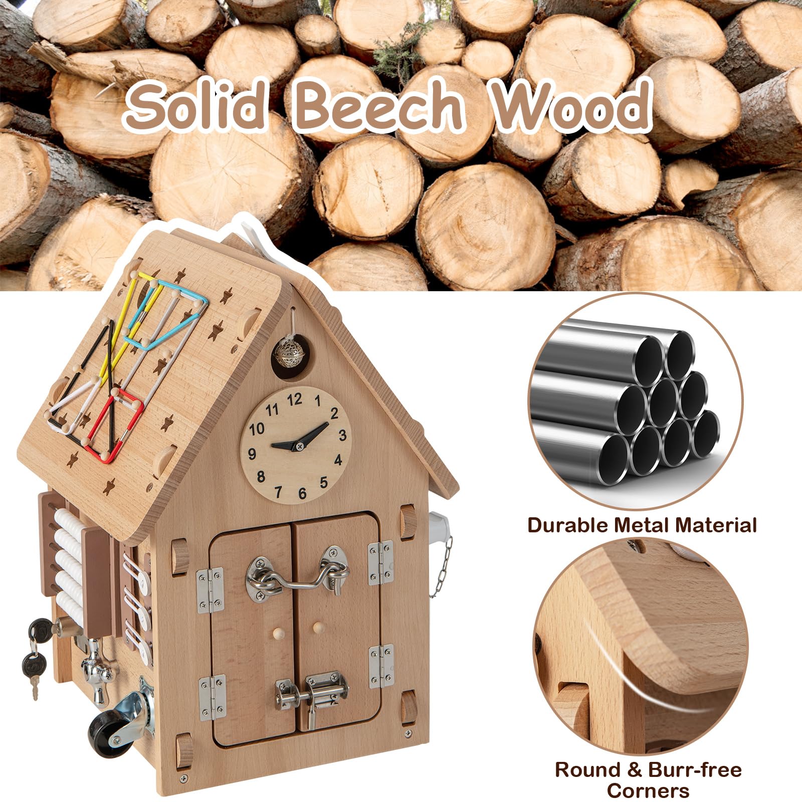 HOMASIS Casa dei Giochi per Bambini in Legno, Casa dei Divertimenti con Orologio, Rubinetto, Interruttore, Timer, Spina e Presa, Giochi Sensoriali e Montessori per Bambini da 3+ Anni, Naturale