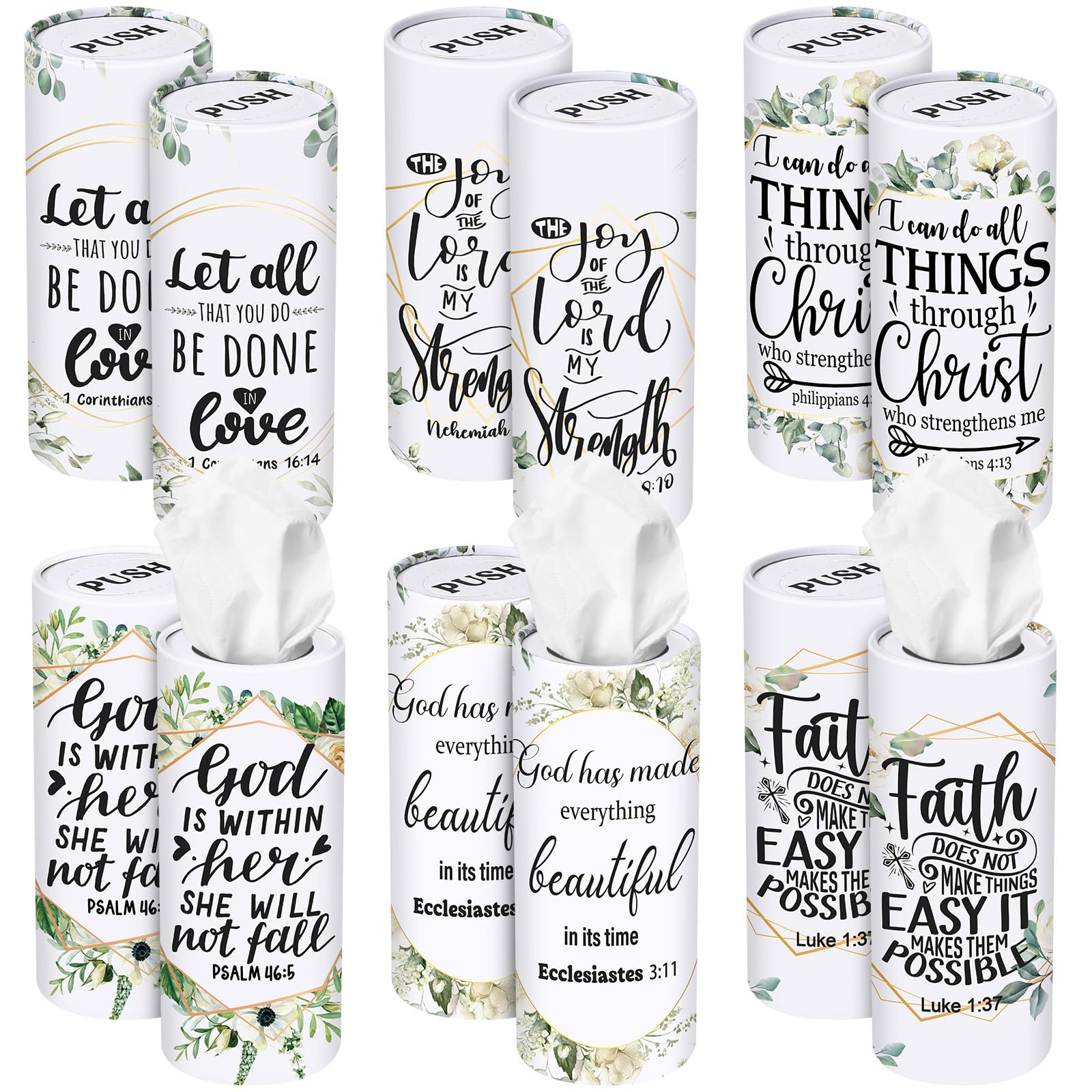 Outus 12 Pcs Greenery Christian Car Tissues Cylinder Holder with 3 Ply Facial Tissue Bulk Eucalyptus Leaves Religious