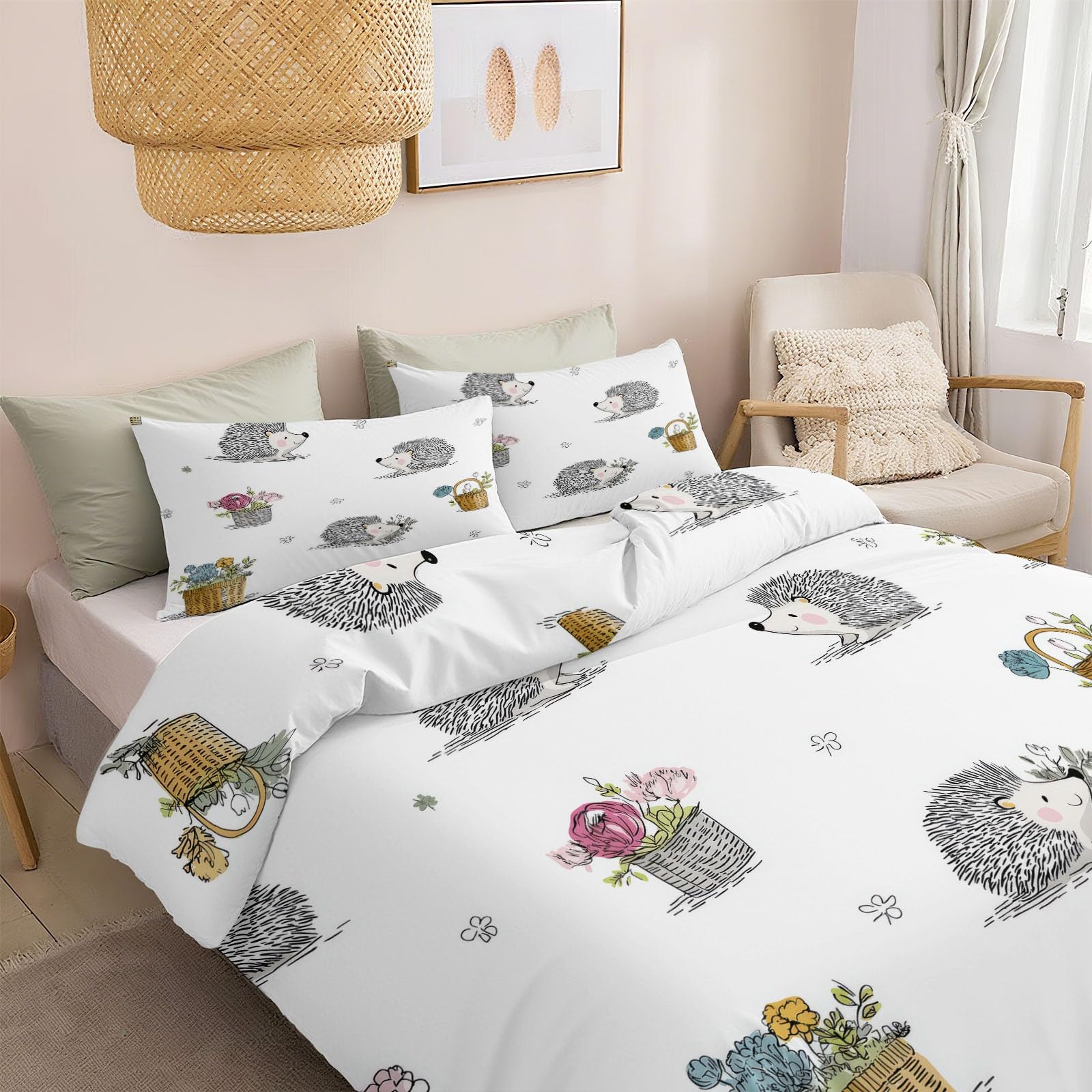 Dziecko niewinny rysunek ręcznie prosta poszwa na kołdrę 260x240 cm, kosz na kwiaty jeż zestaw pościeli 2-osobowej, hipoalergiczny oddychający biały komplet pościeli z poszewką na poduszkę 65x65