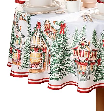 Elrene Home Fashions Storybook Christmas Village Bordered Oval Christmas Tablecloth