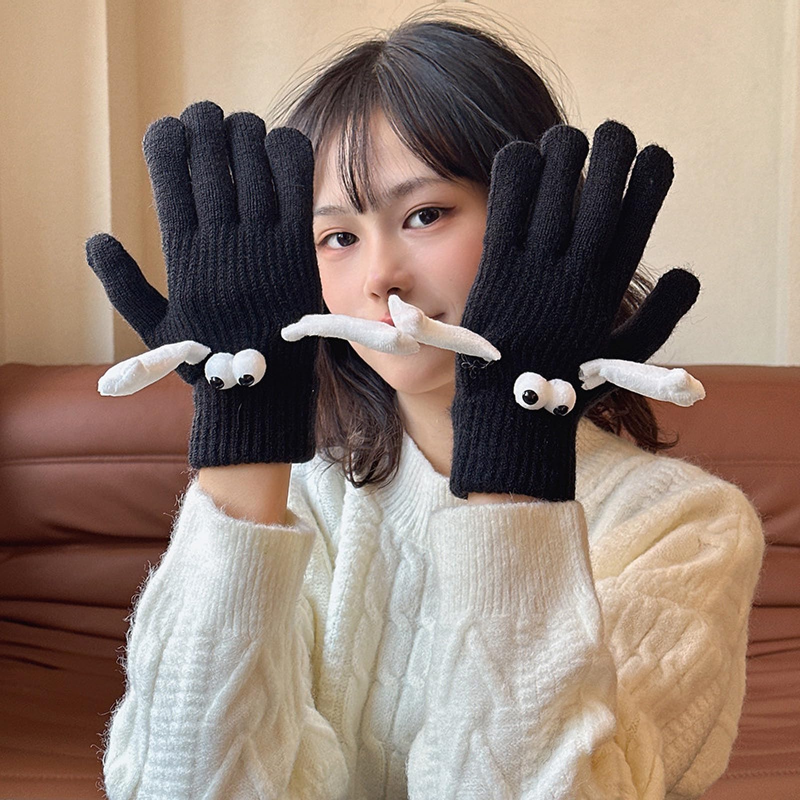 Lustige Winterhandschuhe for Damen, gestrickt, große Augen, warme Handschuhe mit Magnet for Hand in Hand/1129 Küche, Haushalt & Wohnen