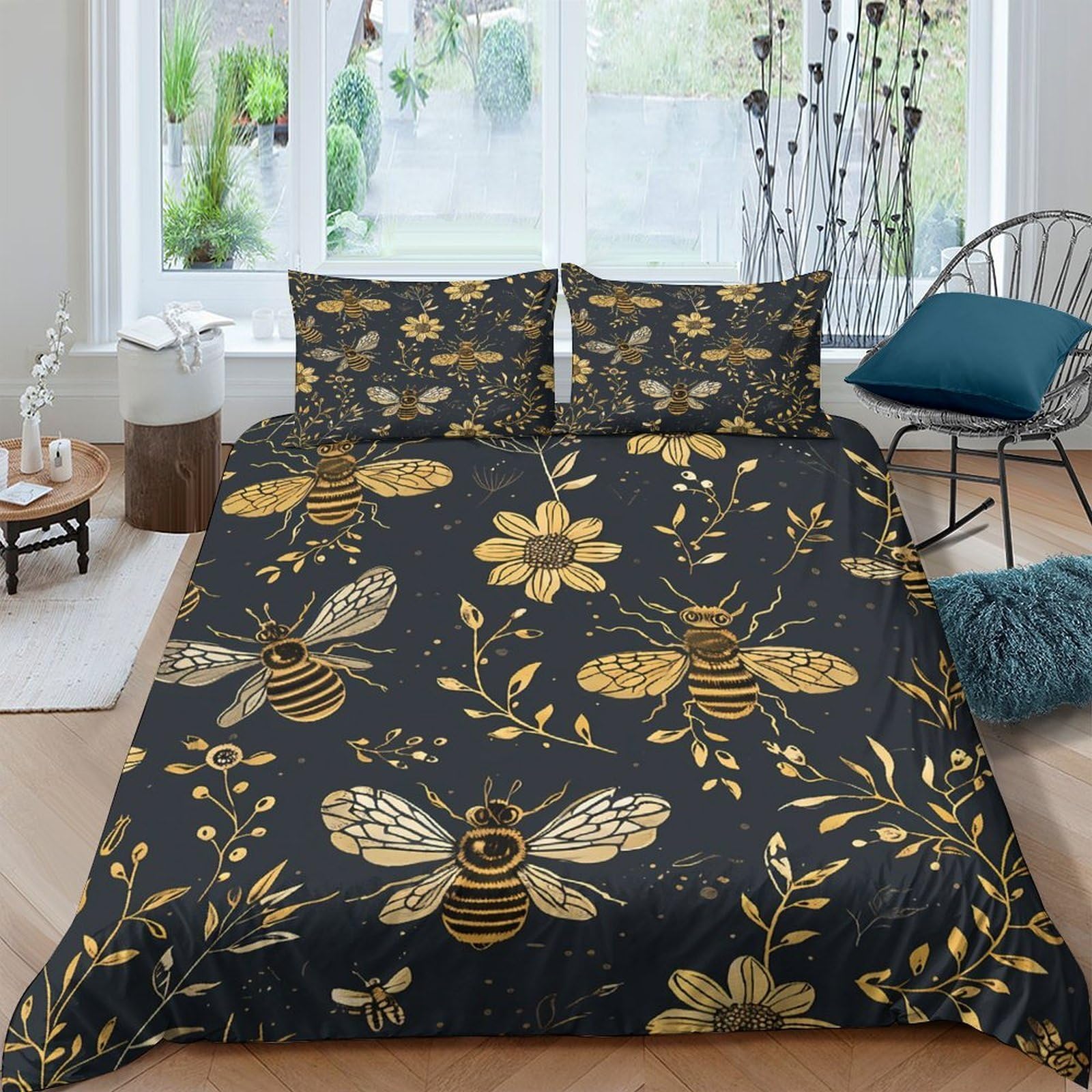 Ctjqhvkz Style-4 3D Printed Gold Bee Floral Fitted Sheet Microfiber Soft Black Mattress Cover For Bedroom Guest Room Decor Single（135X200cm）