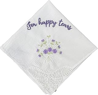 Custom Wedding Handkerchief – Personalized “For Happy Tears” Hankie with Floral Embroidery, Bridal Keepsake Gift, Choose Thread Color, Bride, Mom, or Mother of the Bride