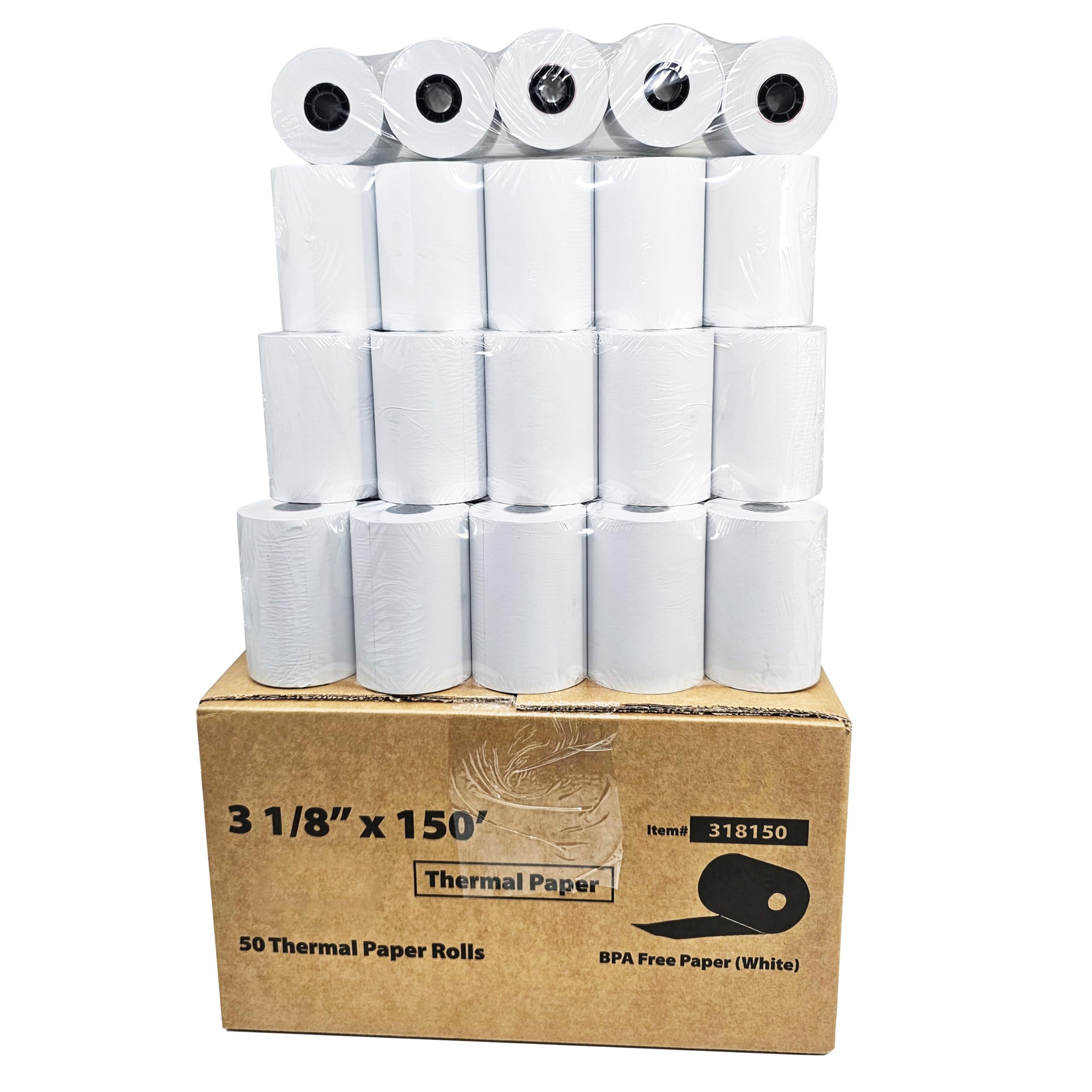 (50 rollos – 48 g/m²) 3 1/8 x 150 rollos de papel térmico (longitud real de 145 a 160 pies) se adapta a todas las impresoras de caja registradora Clover POS, Star Micronics SCP700 TSP100 TSP300 TSP400