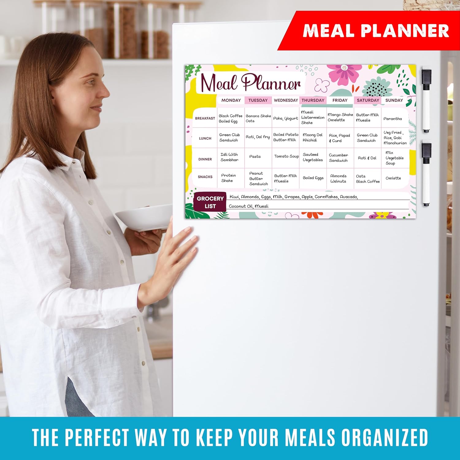 Rousrie Meal Planner Magnetic Fridge Weekly Schedule Smart Diet Planning With 2 Dry Erase Black Markers (Size - 45 cm by 30 cm) (Style 6)
