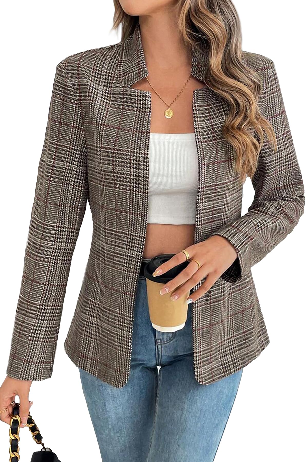 ELLEVEN Womens Plaid Blazer Open Front Stand Collar Houndstooth Suit Boyfriends Jacket for Work Casual