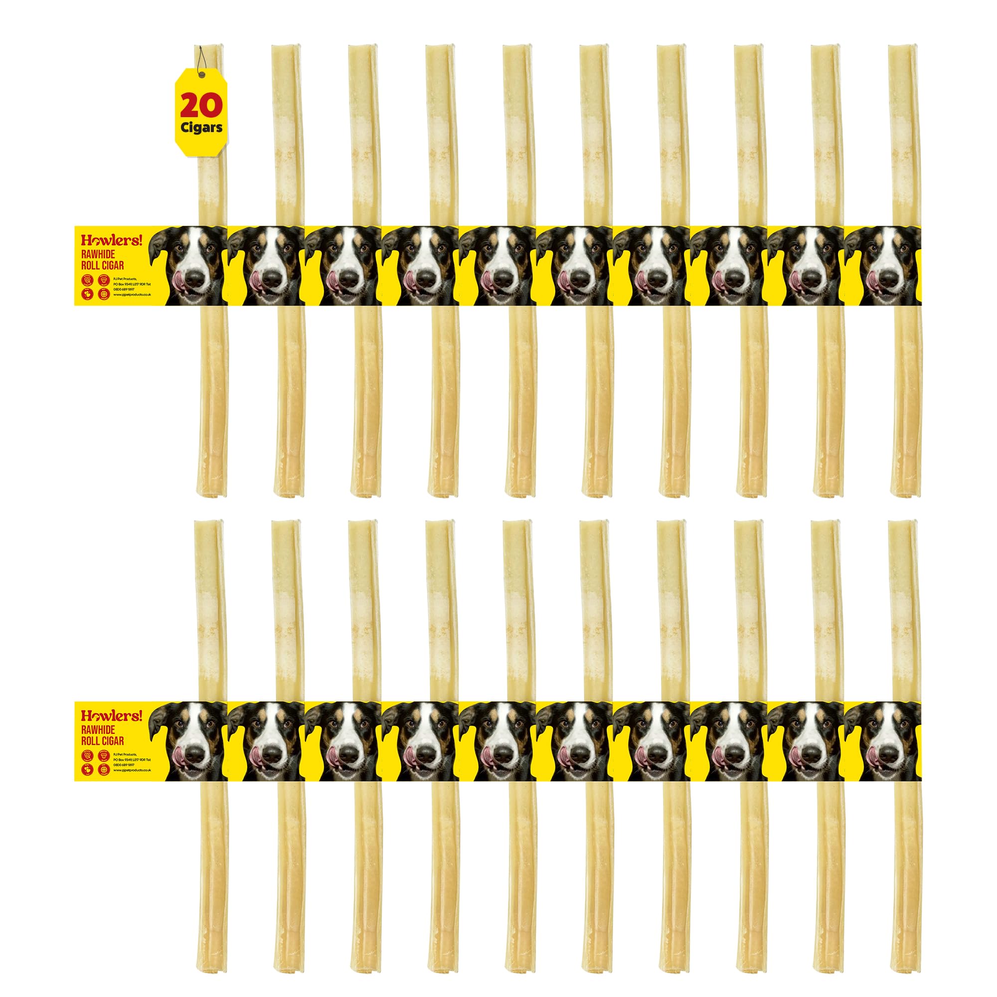 HOWLERS 25cm Pack of 20 Natural Rawhide Dog Chew Cigars | Rawhide Dog Chews Made From 100% Natura Hide | Dog Chews Long Lasting Natural Ingredients