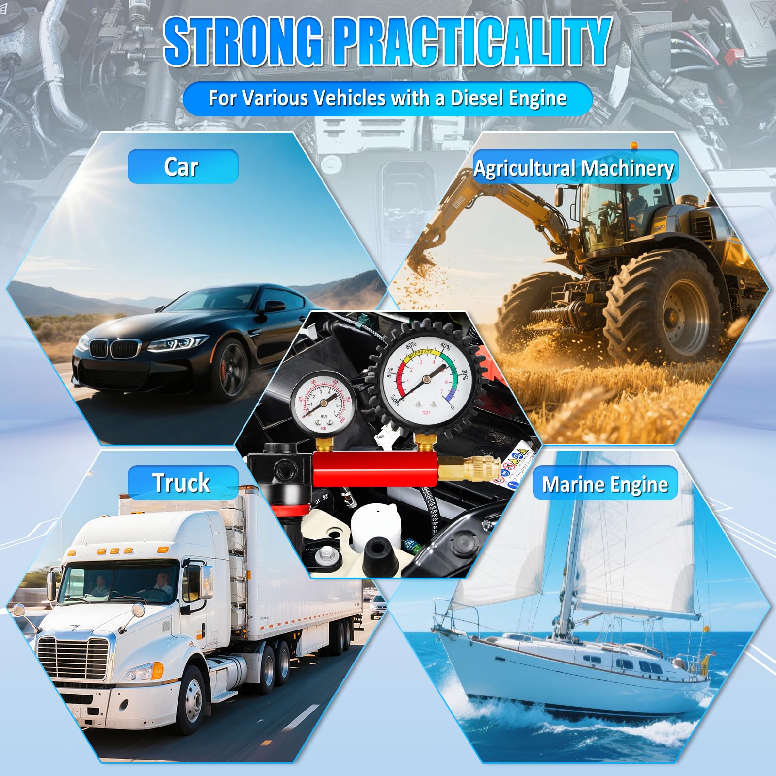 D-Lumina Probador de Compresión Profesional de 46 Piezas, Probador de Fugas de Presión de Motores Diésel y Gasolina para la Mayoría de los Motores de Automóviles, Camiones, Agricultura y Marinos.