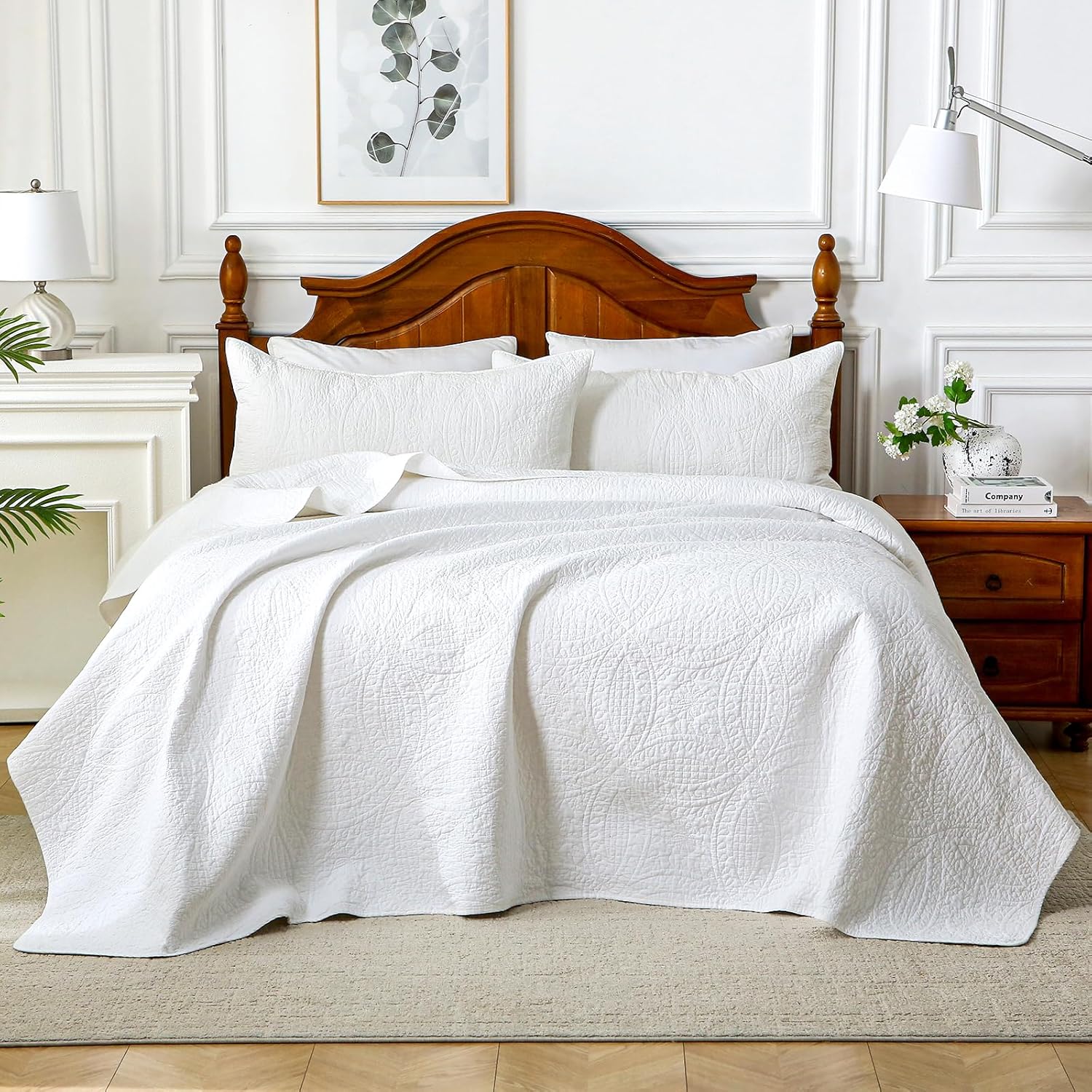 White 100% Cotton King Quilt Set, 3 Piece Modern Textured Bedspread with Coin Pattern, Lightweight Crinkly Coverlet Sham Set, Soft Minimalist All Season Bedding, Garment-Washed - Image 4