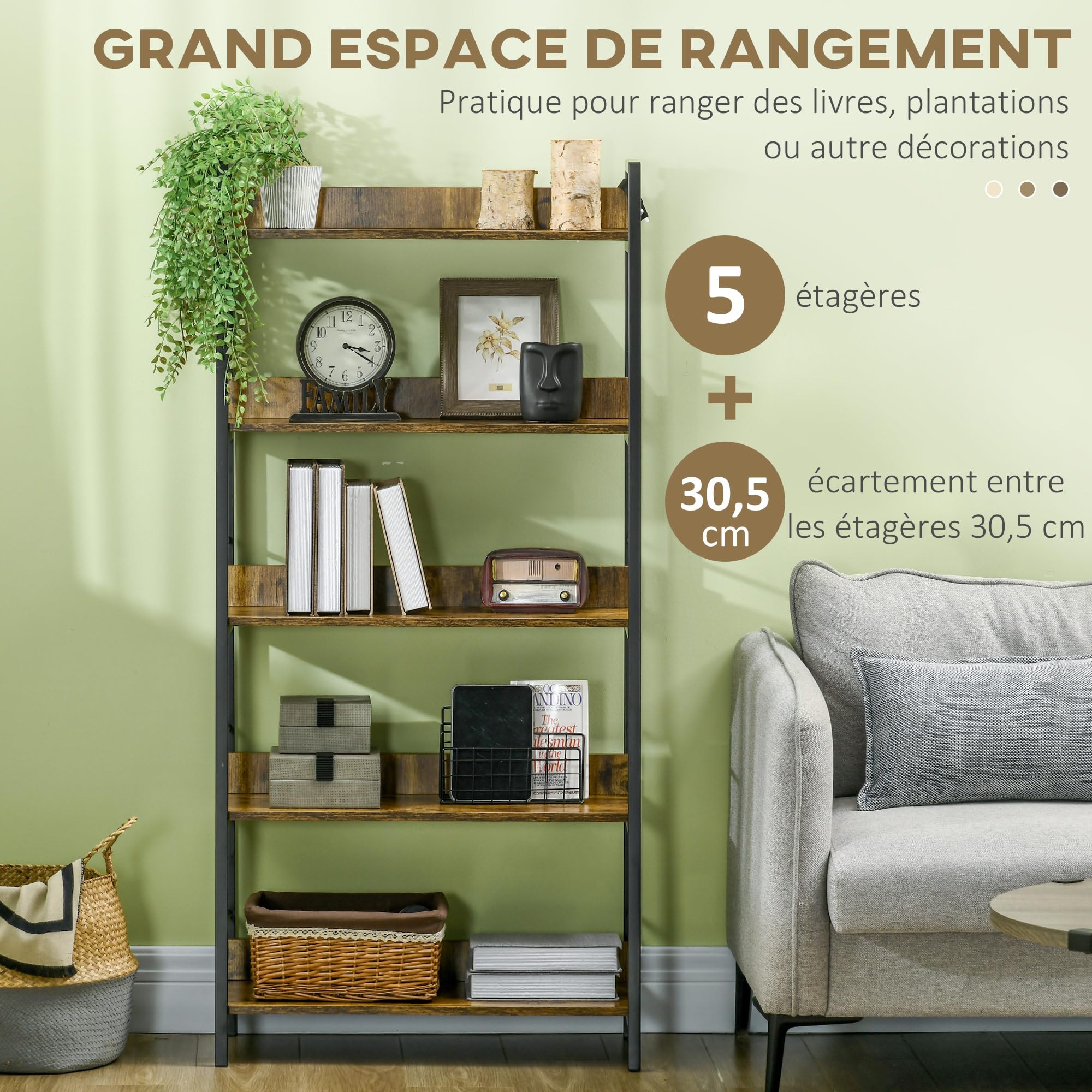 HOMCOM Étagère bibliothèque Style Industriel incliné 5 Niveaux 70L x 35l x 150H cm