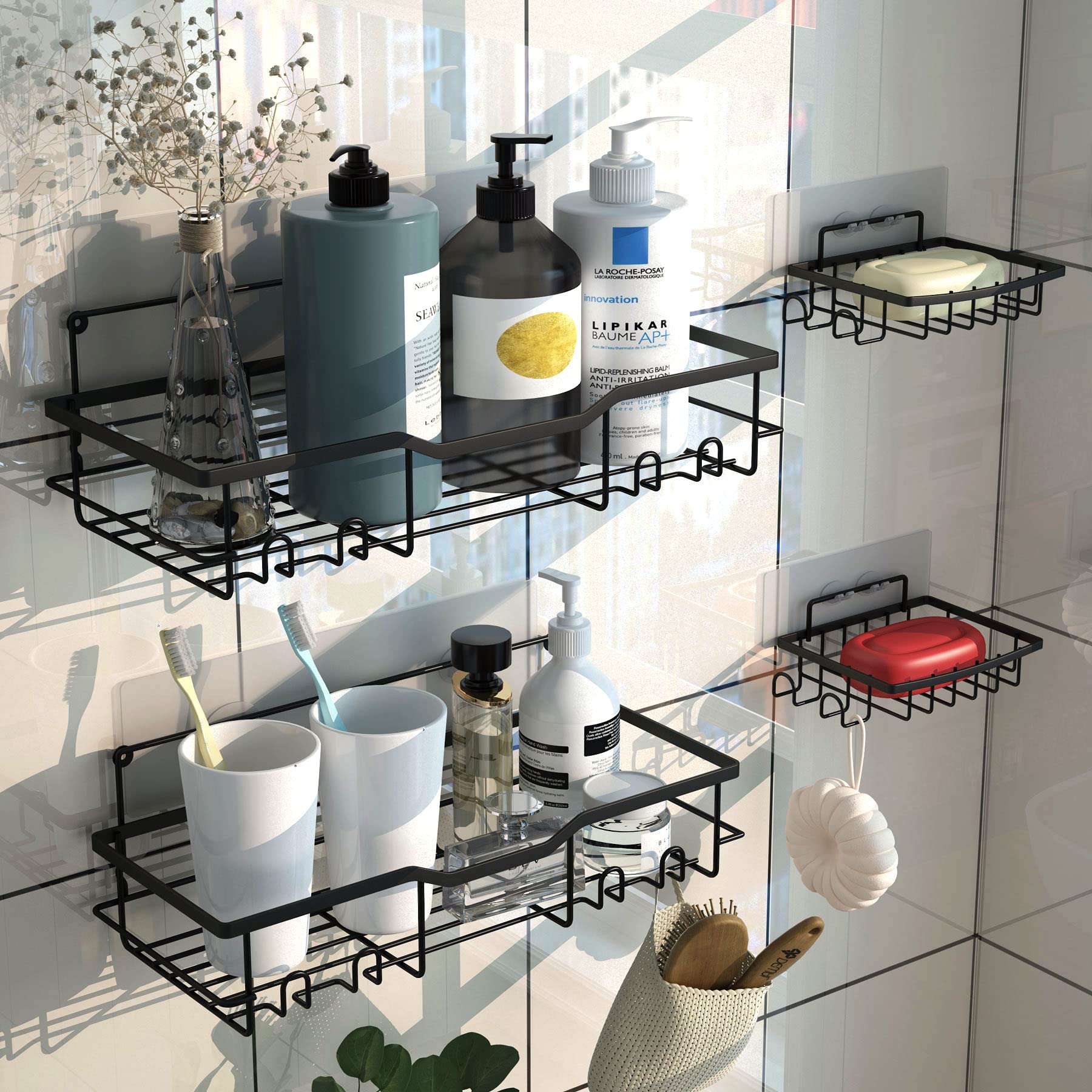 4-Pack Shower Caddy Adhesive, 1Easylife Bathroom Shower Caddy Organizer Shelf Wall Mounted Basket with Soap Holder Rack and 12 Hanging Hooks for Inside Shower