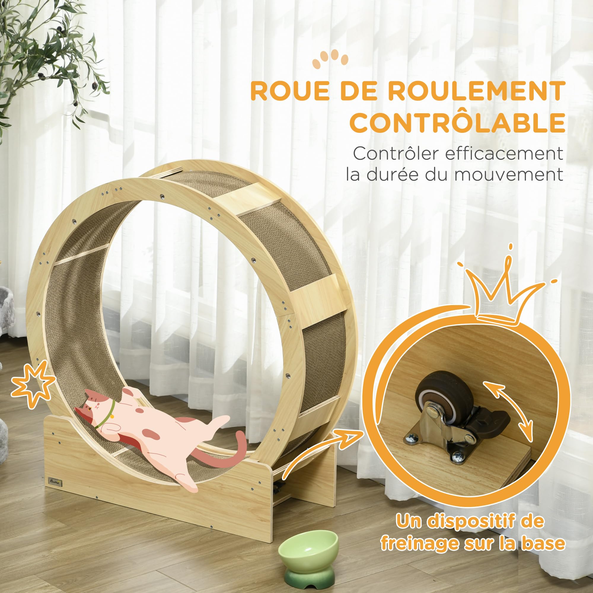 PawHut Roue d'exercice pour chat 91 cm, grande roue de course avec frein sécurisé et tapis de grattage amovible, tapis roulant ultra silencieux, pour perte poids, santé d'animaux de compagnie, naturel