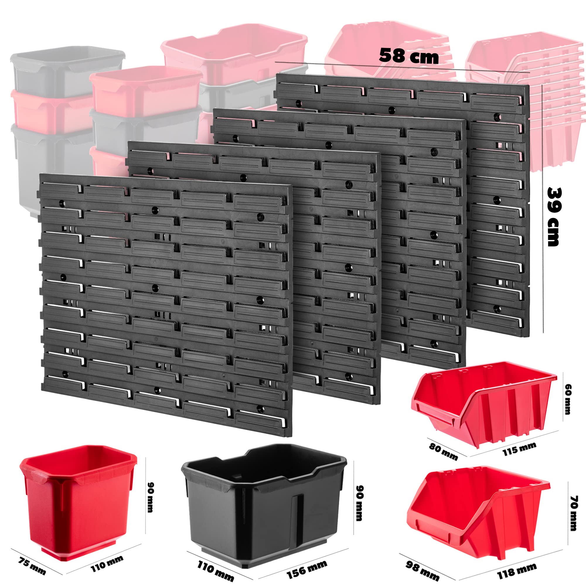 KADAX Étagère murale d'atelier, 116 x 78 cm, Système de rangement en plastique robuste, Étagère d'atelier résistante aux UV, Plaques murales extensibles, Étagère à glissière pour garage, (Rouge, 61