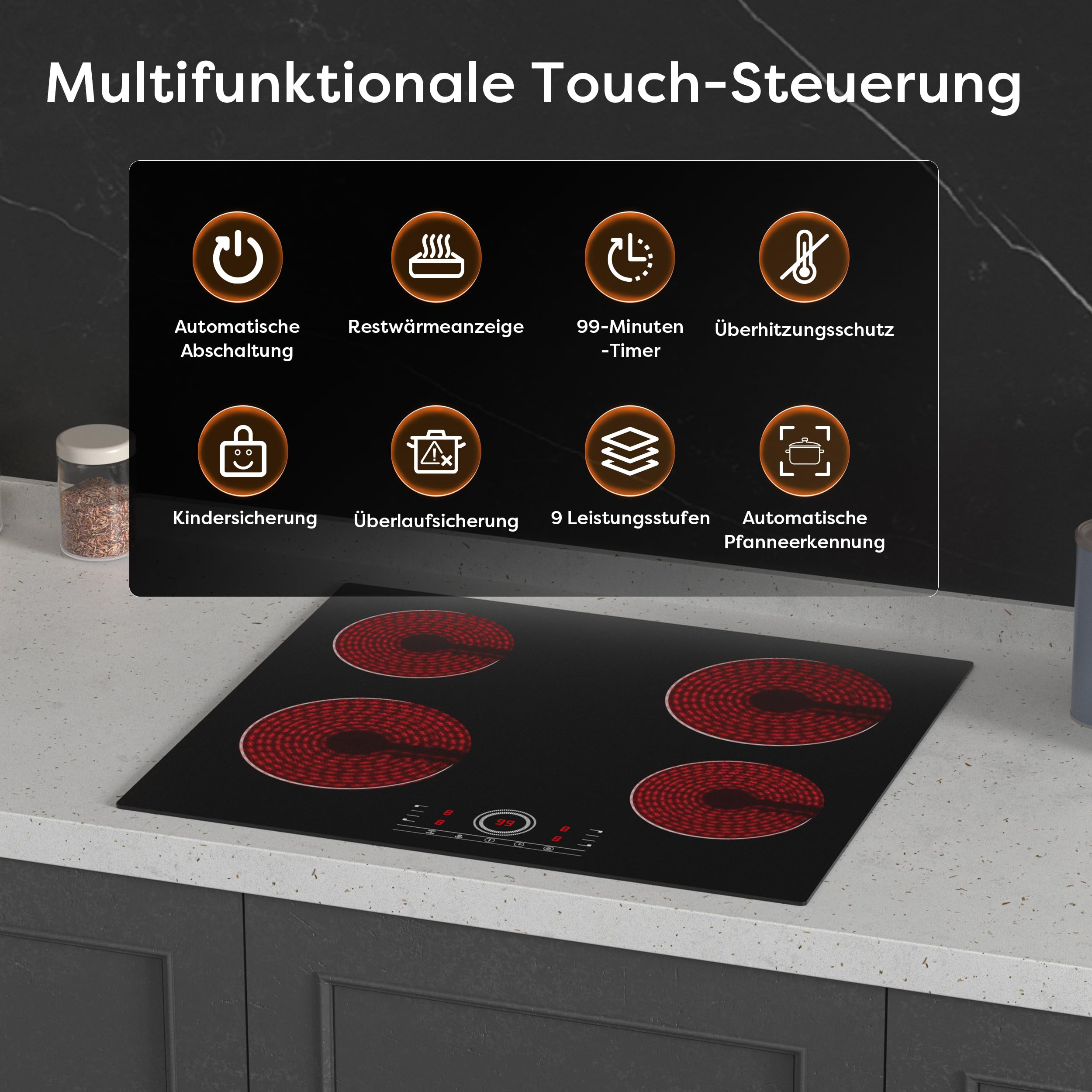 CDV Einbau Glaskeramikkochfeld 4 Platten 59 cm 6000 W | Autarkes Kochfeld mit 99-Min-Timer, 9 Leistungsstufen, Touch-Steuerung, Kindersicherung und Geeignet für Flache Töpfe