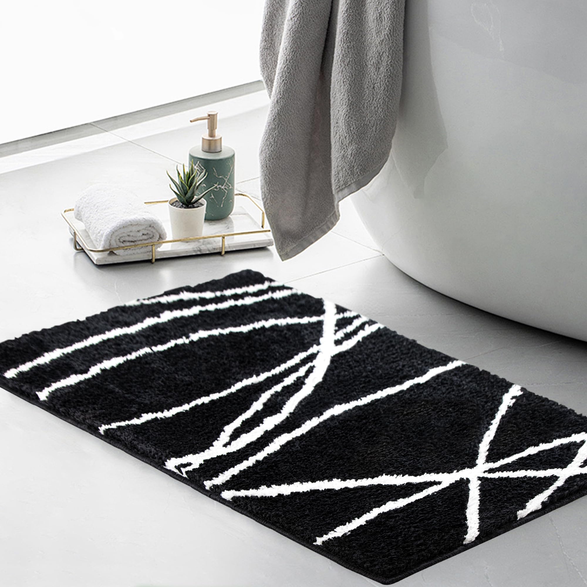 Tititex Luxury Black Curve Line Bathroom Rug, 16x24 inch Classic Extra Soft and Absorbent Microfiber Bath Rugs, Non-Slip Plush Shaggy Bath Carpet, Bath Mats for Bathroom Floor, Tub and Shower
