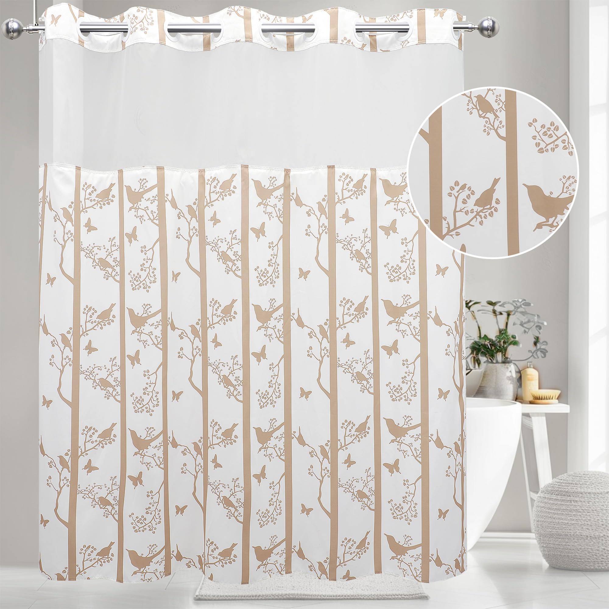 VIUOON No Hook Shower Curtain with Snap-in Fabric Liner Set, Double Layers Heavy Duty Fabric Little Birds Pattern Bathroom Curtain with See Through Top, Hotel Grade, Machine Washable, 71Wx74L