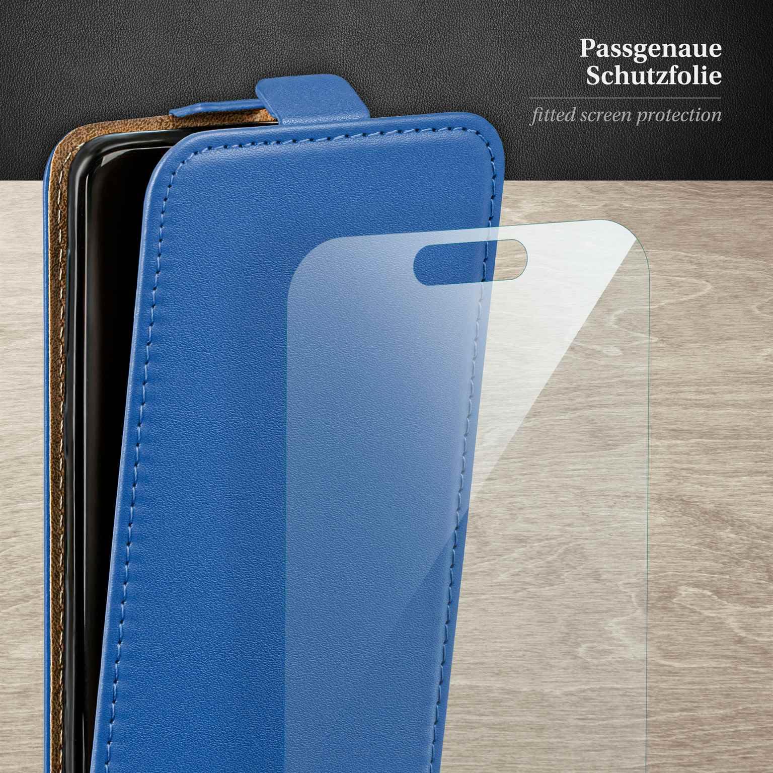 moex Custodia 4 in 1 per iPhone 17 Pro con 3 pellicole protettive, protezione a 360°, flip case + pellicola FlexProtect, in pelle PU, blu
