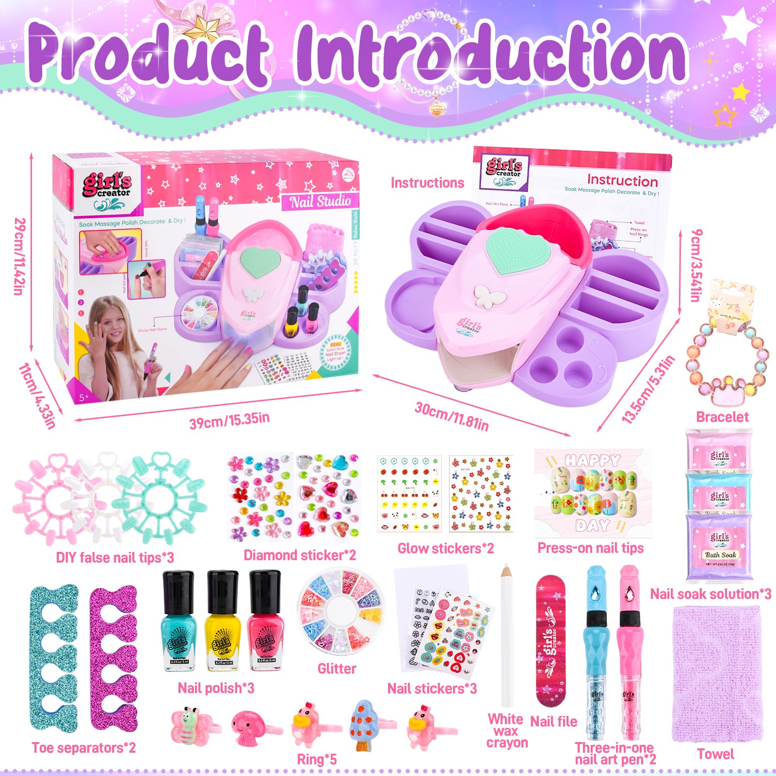Kit Manucure Enfant Fille,Nail Art Jouet Cadeau,Contient Sèche Ongles,Peel-off Pailleté Vernis à Ongles,du glitter,des autocollants amusants,etc. 6+ Ans Cadeau d'anniversaire De Noël pour Filles