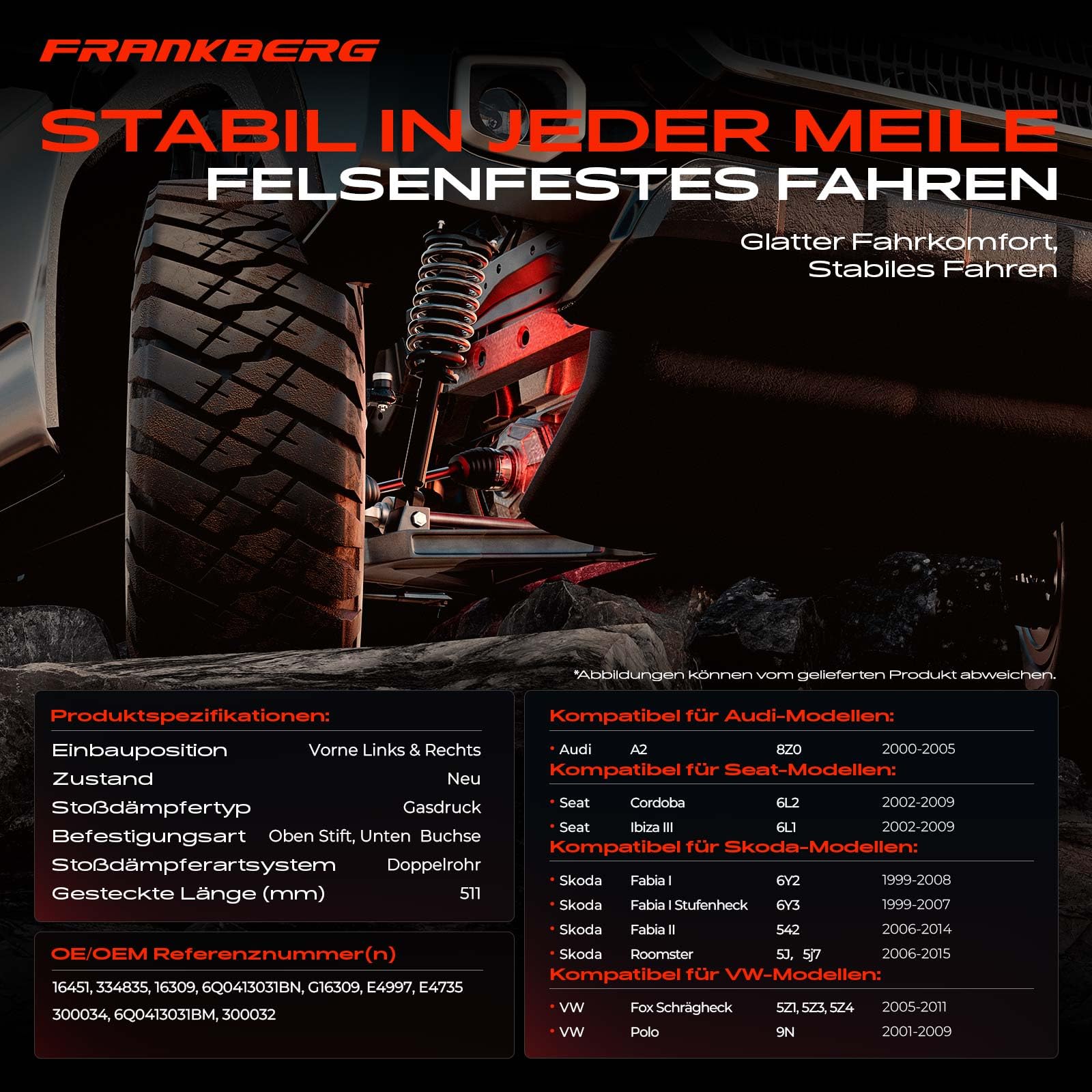 Frankberg 2x Stossdämpfer Stoßdämpfer Vorne Links Rechts 511mm Gasdruck Kompatibel mit Fabia II 542 Polo 9A 9N Fabia II Combi 545 Replace# 16451, 300032