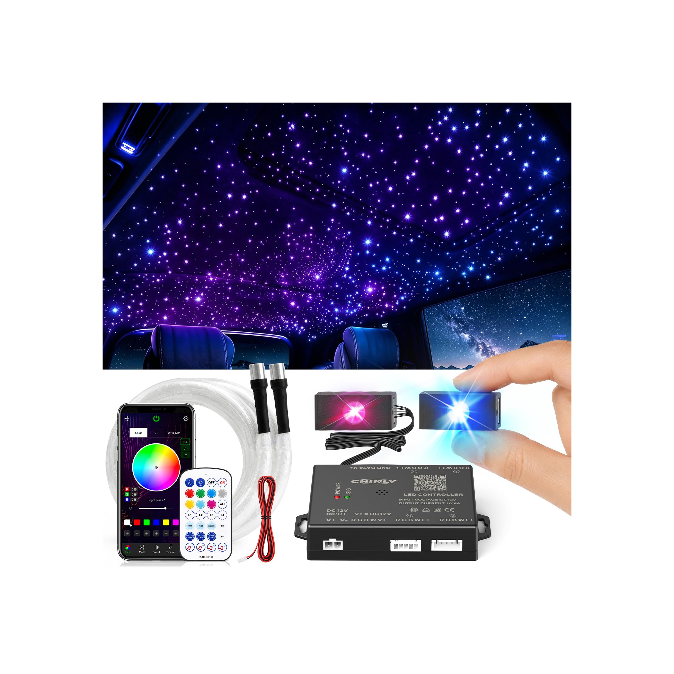 CHINLY 400Pcs Split Starlight Headliner Kit, 2 Light Heads 0.02in 4.92ft RGBW Fiber Optic Star Lights for Car, 16W Starlight Kit APP/Remote Control, Flexible Wiring for Car Roof Ceiling