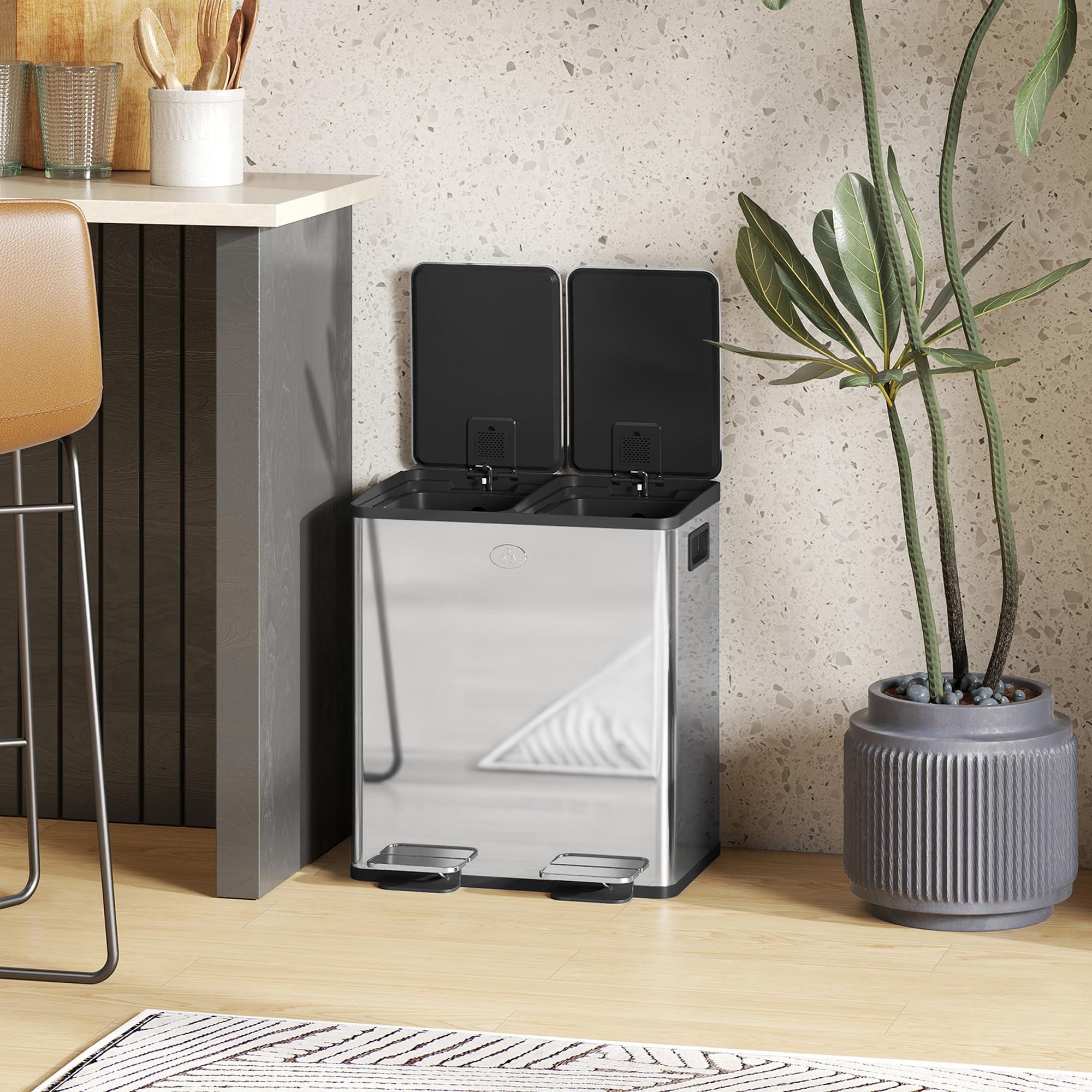 HOMCOM Doppelter Küchenabfalleimer, 2 x 20 l, Edelstahl, silberfarben | Absenkautomatik-Deckel, doppelt herausnehmbare Inneneimer, Müllbeutel, fingerabdruckfest, für Recycling und Abfall