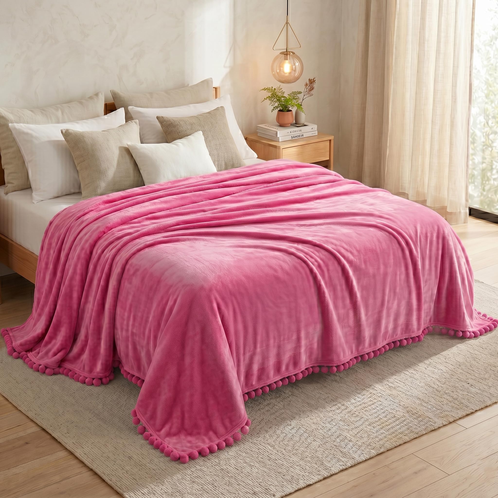 BSB HOME 280 GSM Pom Pom Blanket, Ultra Soft Plush Fleece Throw Blanket with Pom Pom Fringe, Cozy Lightweight Warm Blanket for Sofa, Couch, Bed, Skin Friendly & Easy Care, 90 x 90 Inches - Rose Pink-image-41